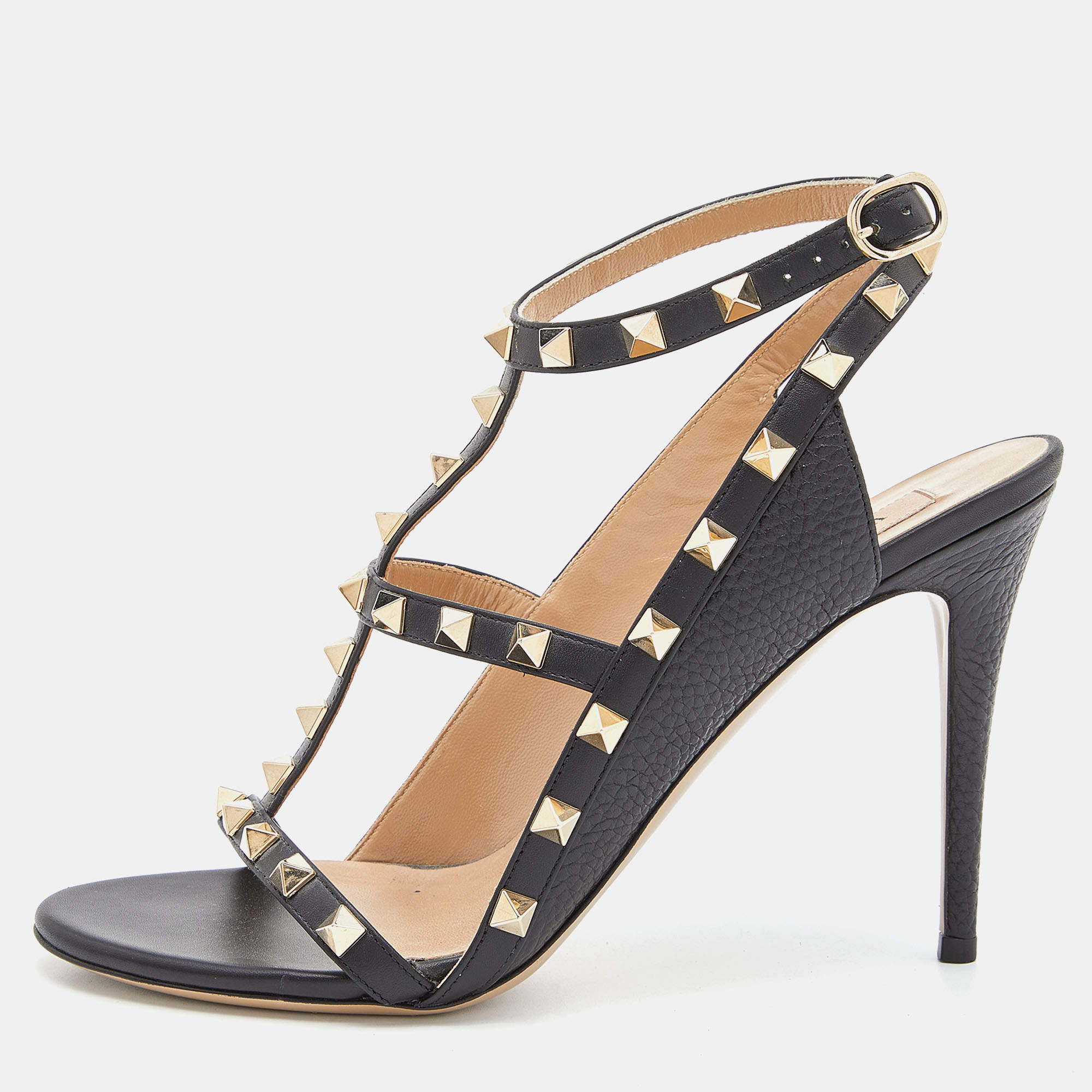 Pre Owned Valentino Black Leather Rockstud Ankle Strap Sandals Size 38