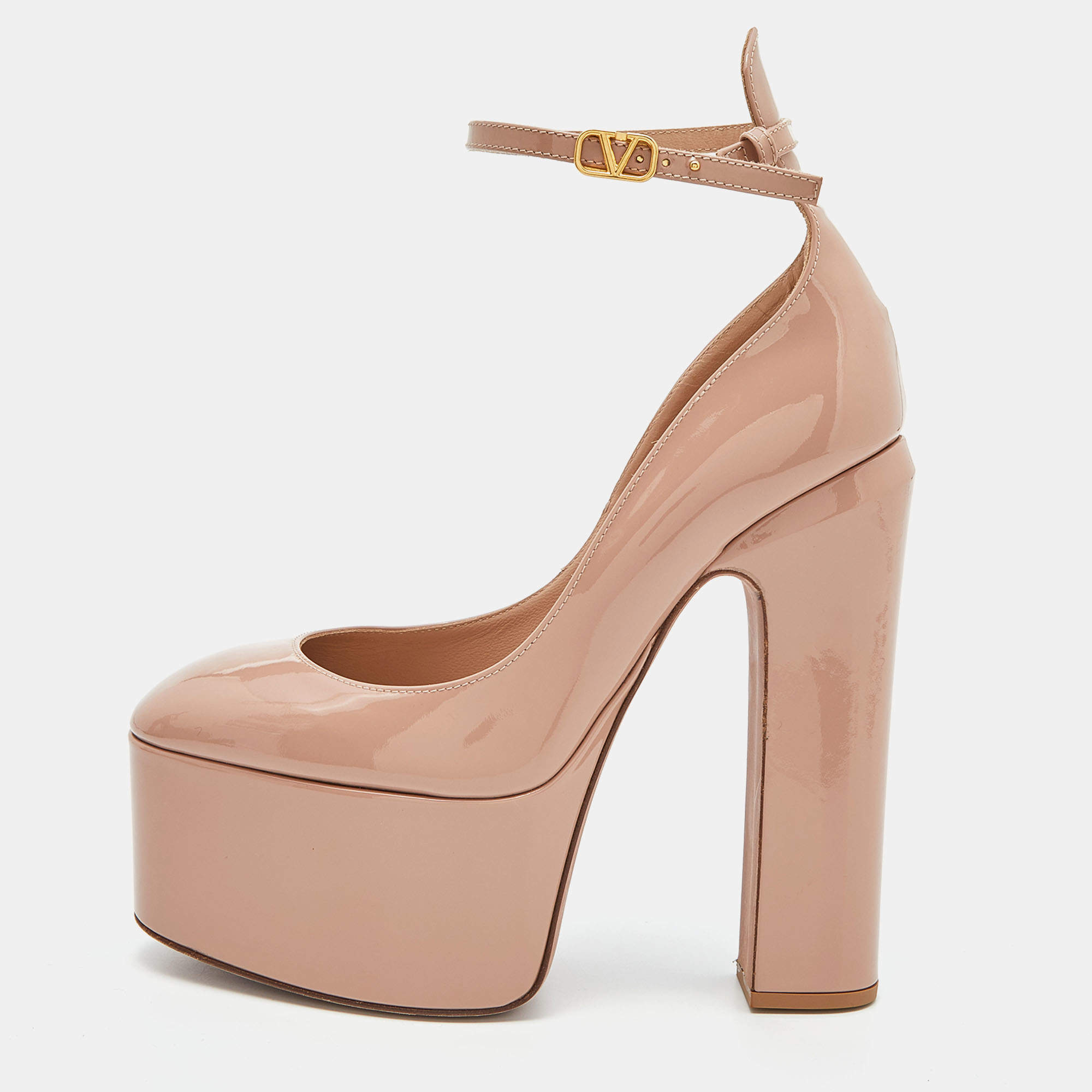 Pre Owned Valentino Dusty Pink Patent Leather Tan-Go Platform Pumps Size 36.5
