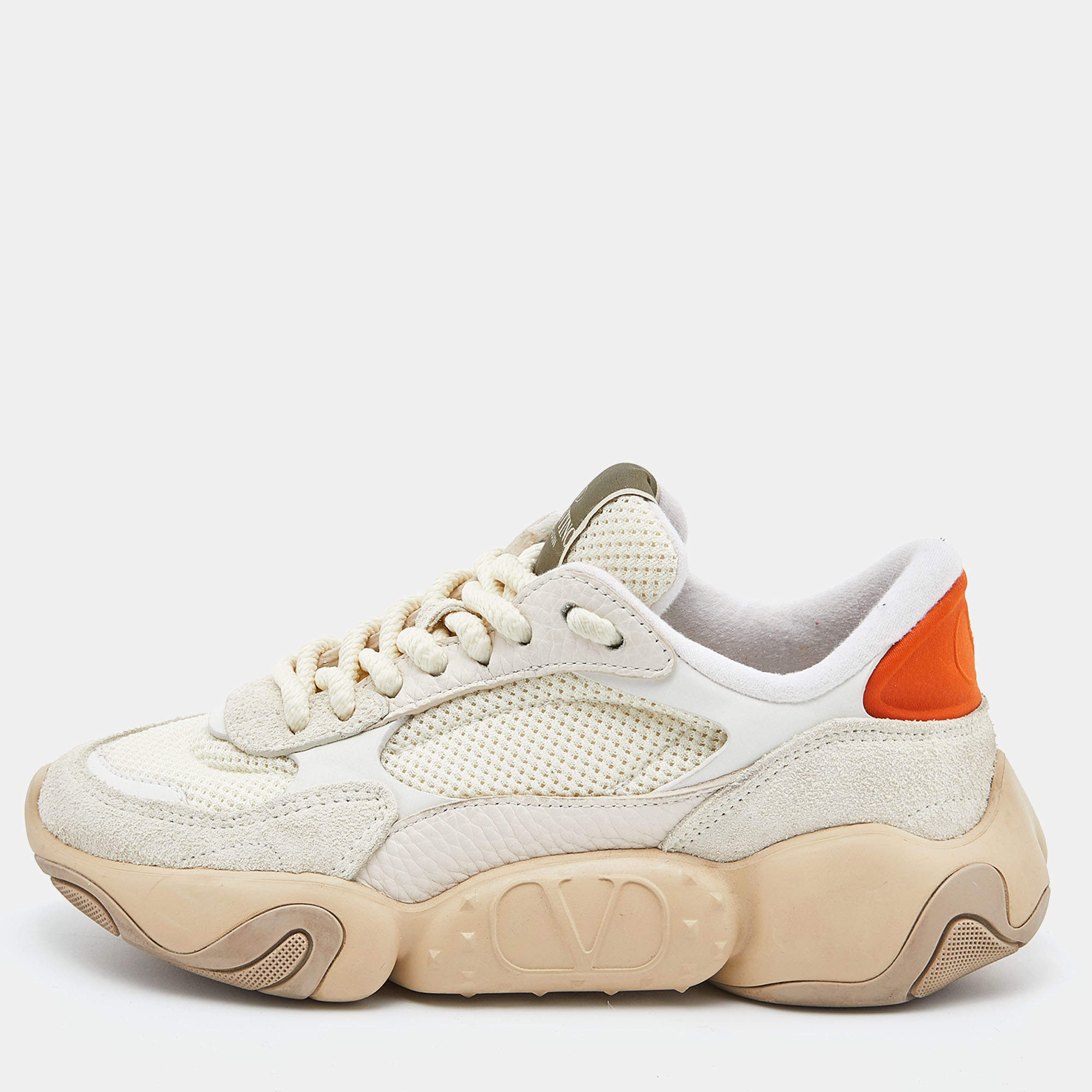 Pre Owned Valentino Beige Suede, Leather and Mesh Low Top Sneakers Size 36.5