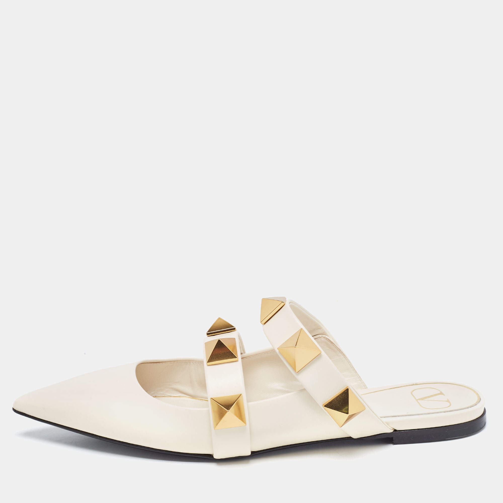 Pre Owned Valentino Cream Leather Roman Stud  Mules  Size 40