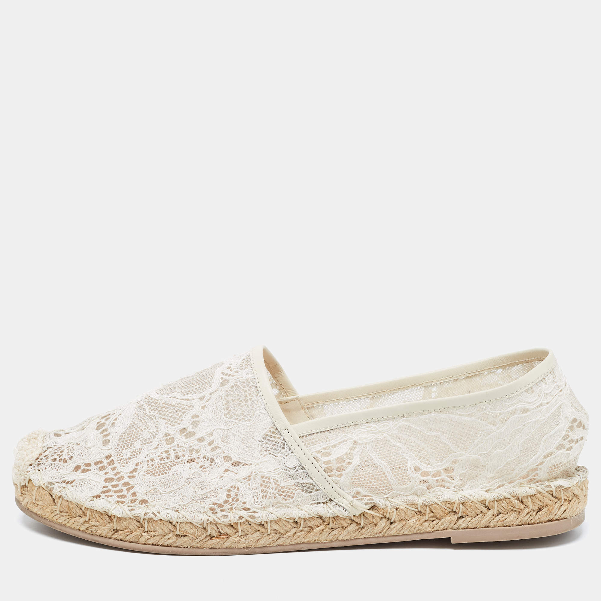 Pre Owned Valentino Cream Lace and Leather Espadrille Flats Size 39