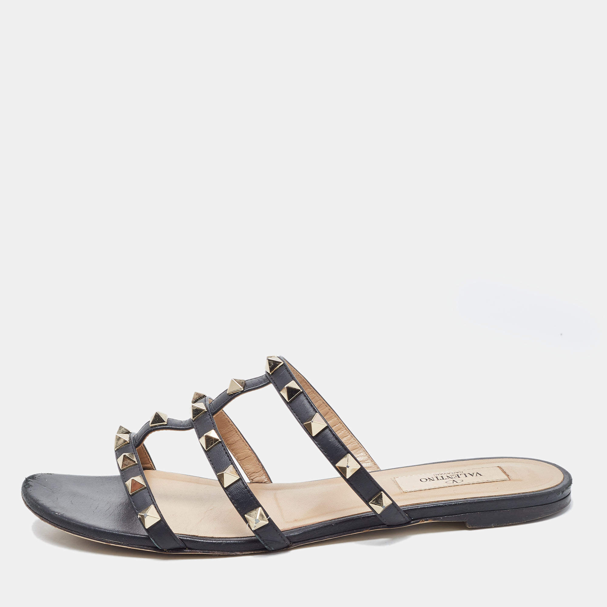 Pre Owned Valentino Black Leather Rockstud  Flat Slides Size 38