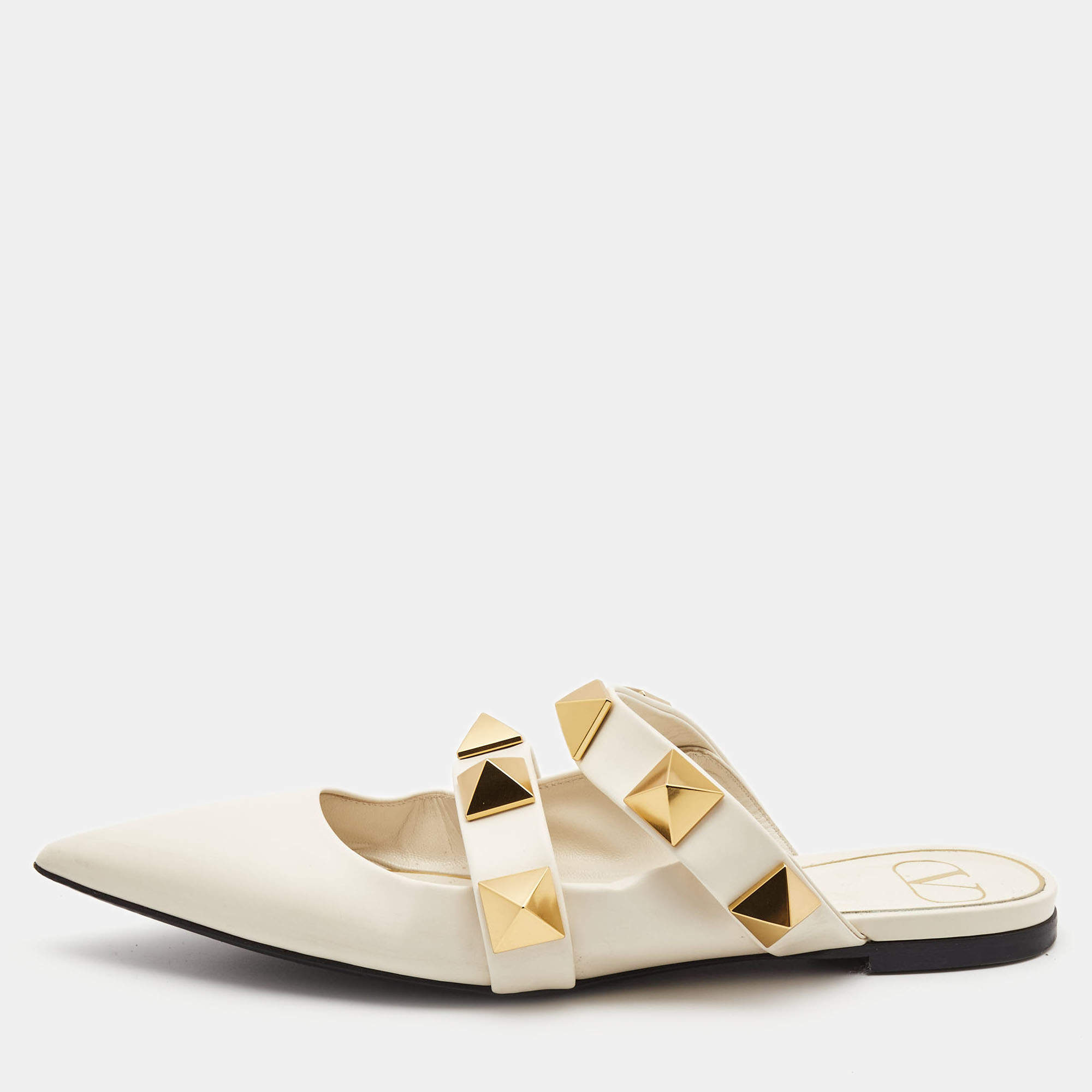 Pre Owned Valentino Cream Leather Roman Stud Flat Mules Size 38