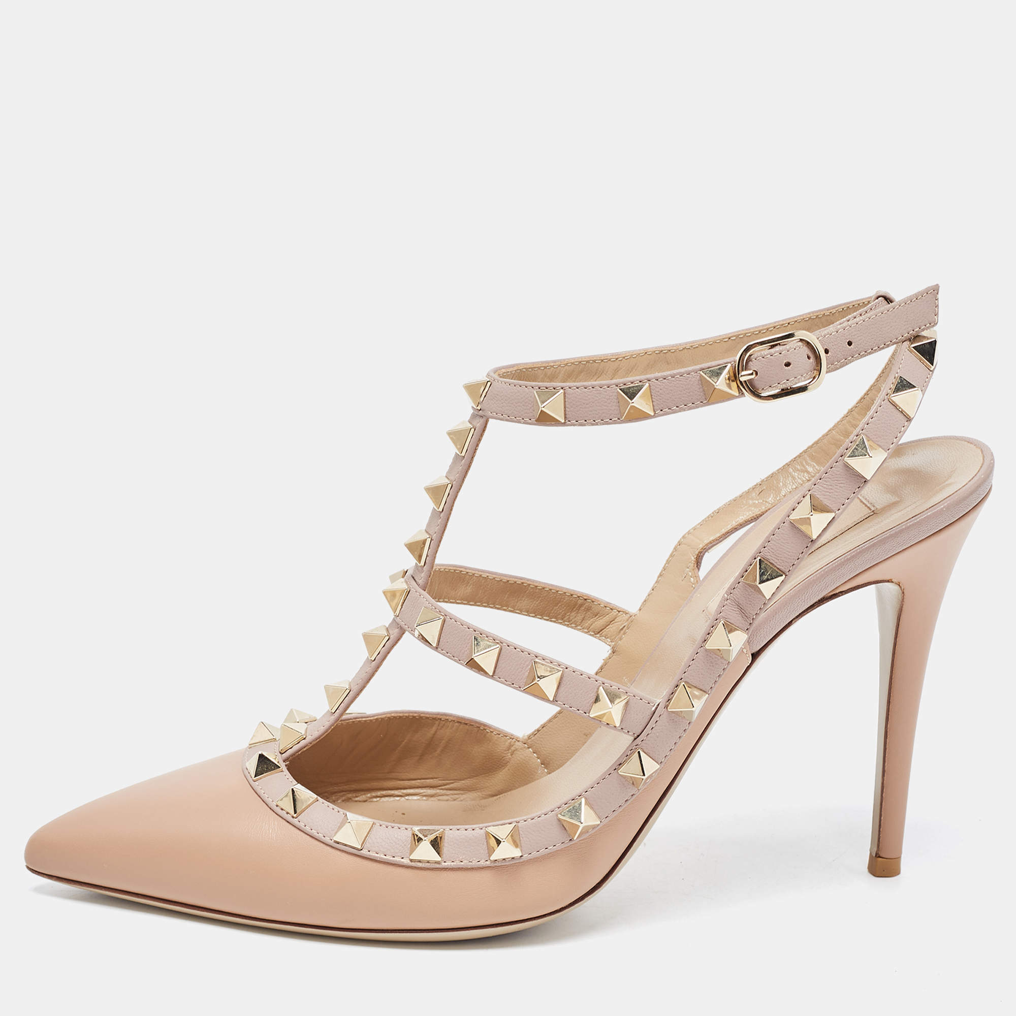 Pre Owned Valentino Beige Leather Rockstud Ankle Strap Pumps Size 39.5