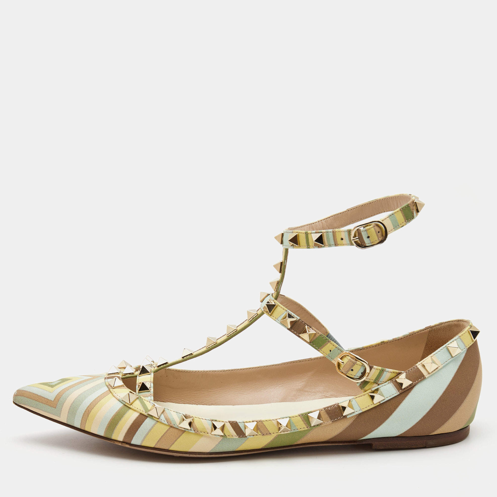 Pre Owned Valentino Multicolor Leather Rockstud Strappy Ballet Flats Size 42