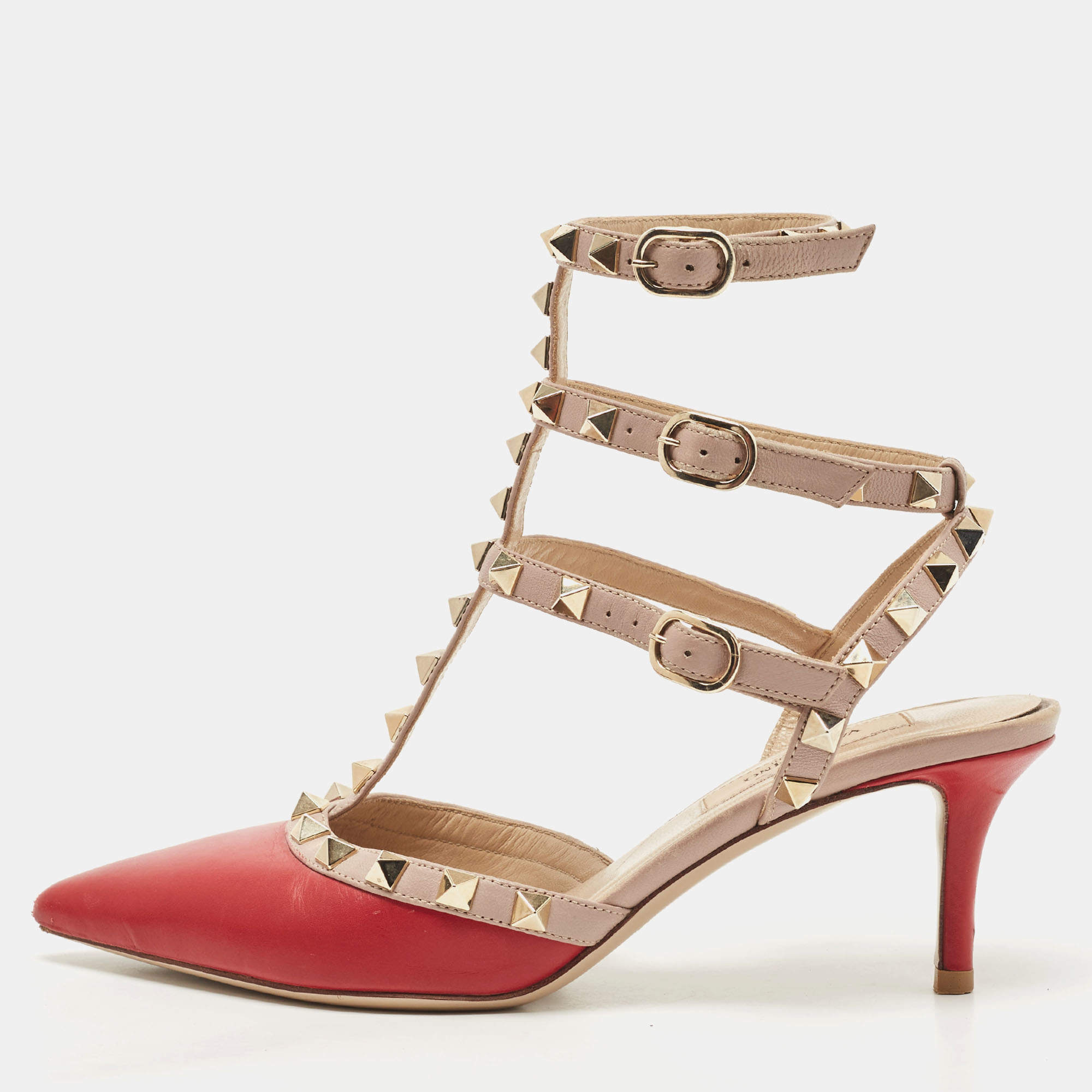 Pre Owned Valentino Red/Pink Leather Rockstud Ankle Strap Pumps Size 35.5