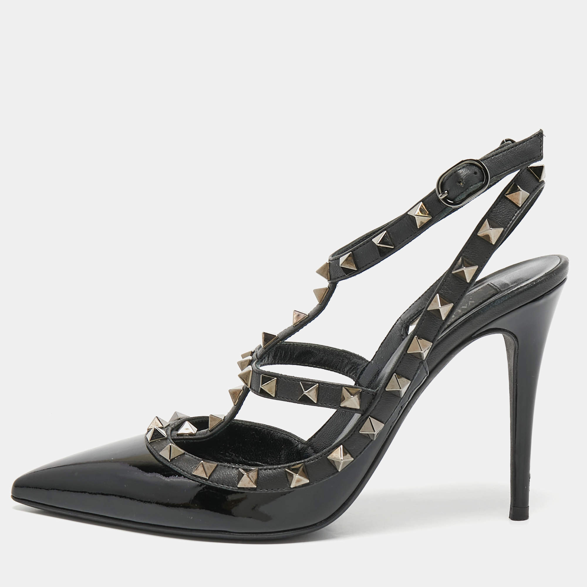 Pre Owned Valentino Black Patent and Leather Rockstud Ankle Strap Pumps Size 38