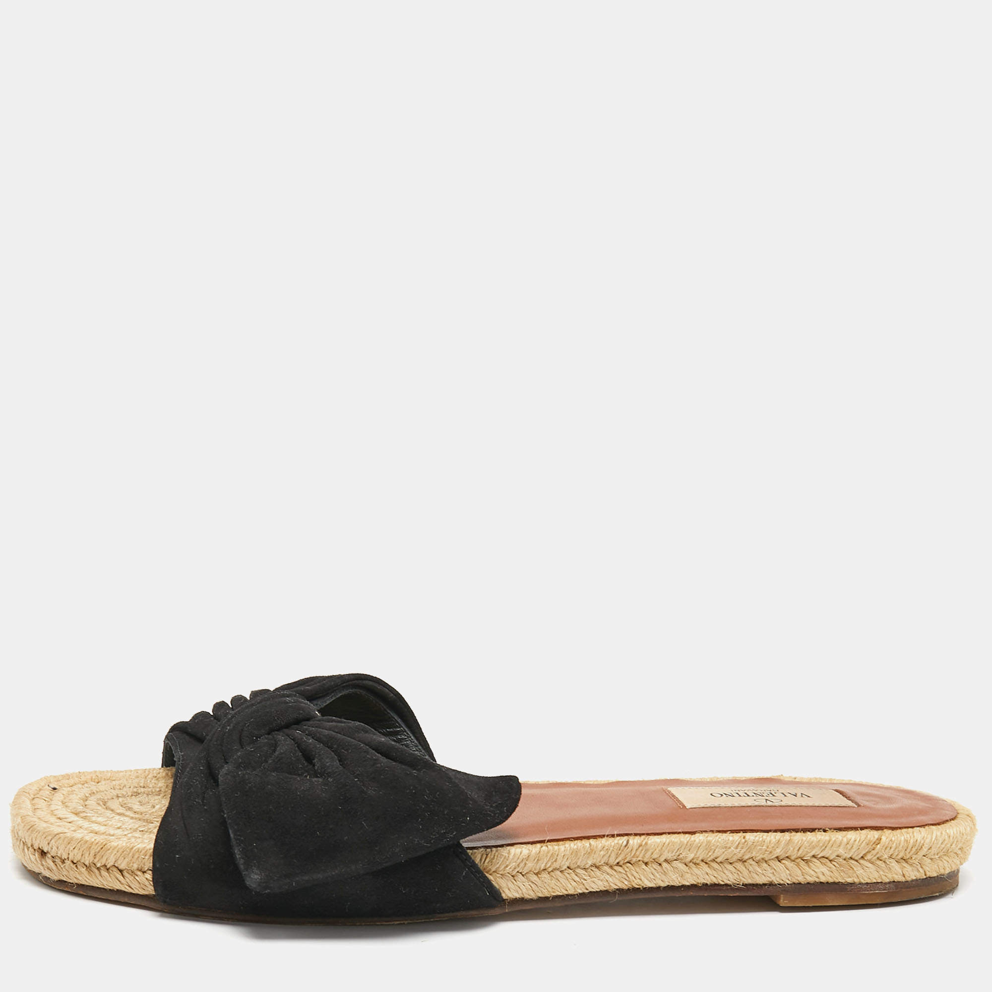 Pre Owned Valentino Black Suede Bow Slide Flats Size 39.5