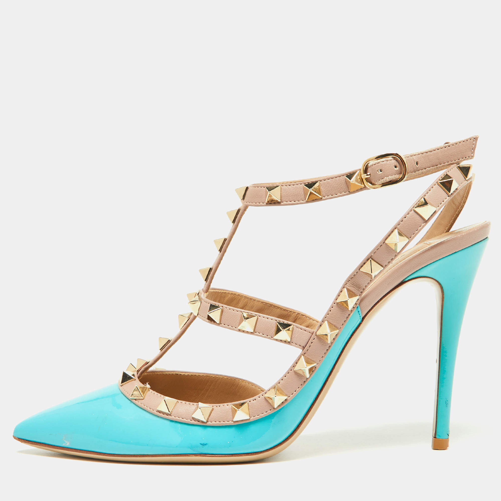 Pre Owned Valentino Green/Pink Patent Leather Rockstud Pumps Size 38.5