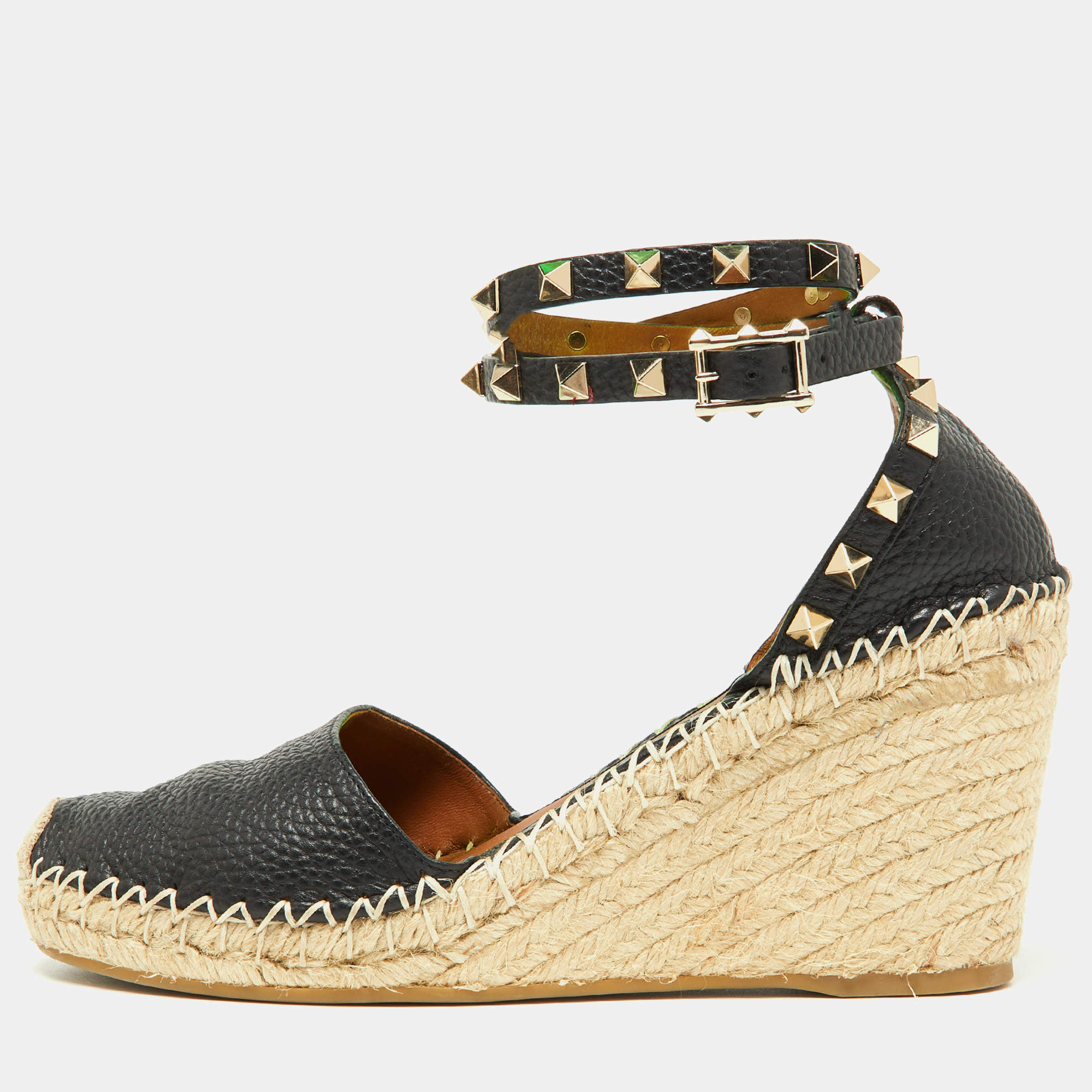 Pre Owned Valentino Black Leather Rockstud Ankle Strap Wedge Espadrille Sandals Size 38