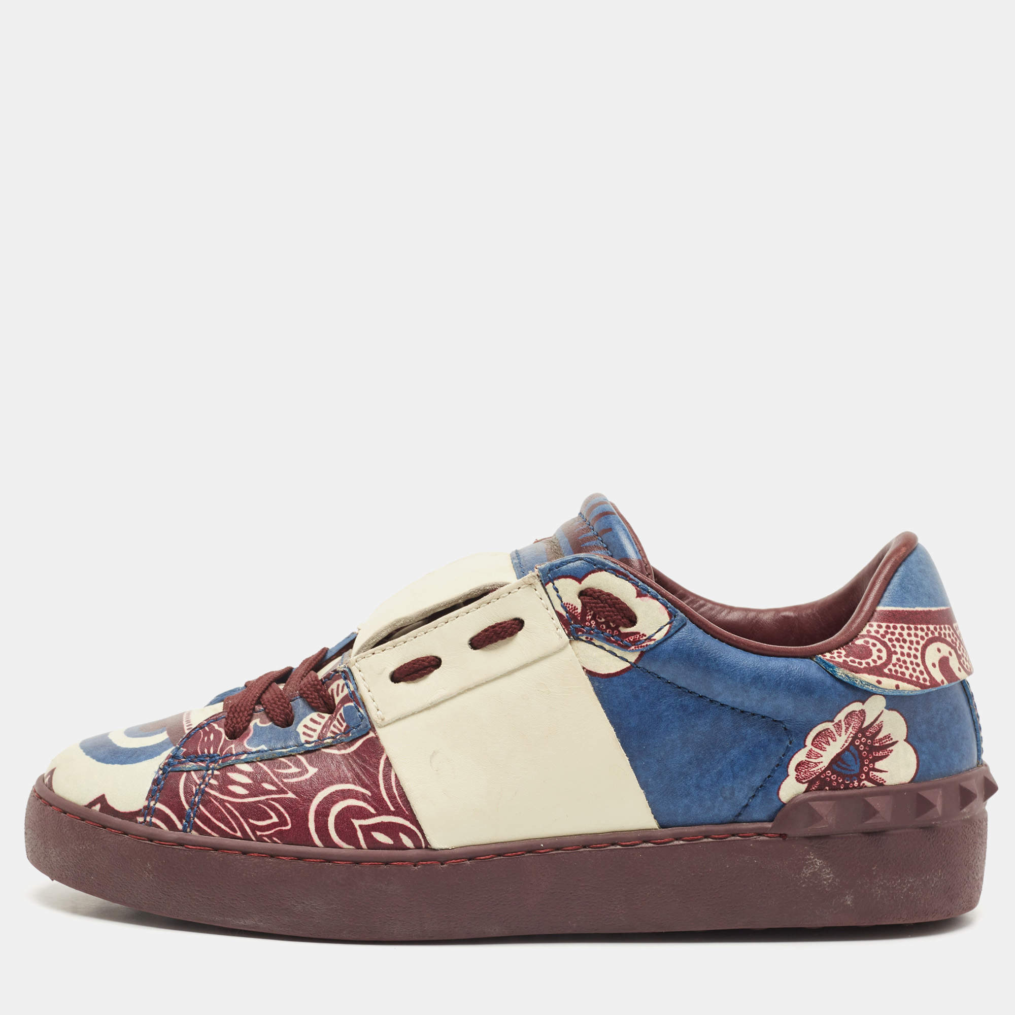 Pre Owned Valentino Tricolor Printed Leather Rockstud Low Top Sneakers Size 37.5