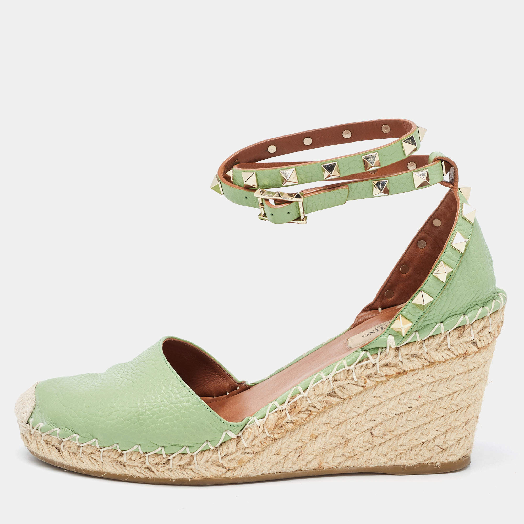 Pre Owned Valentino Green Leather Rockstud Ankle Wrap Wedge Espadrilles Size 38