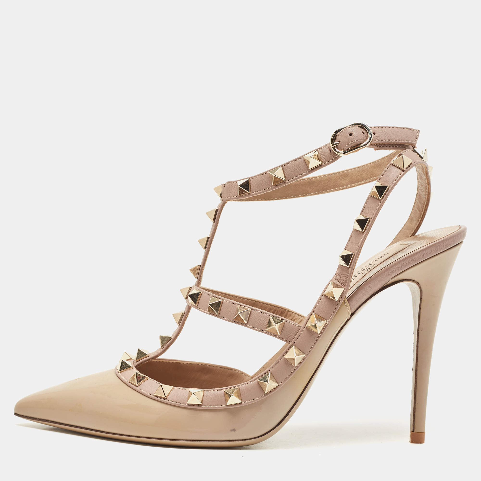 Pre Owned Valentino Beige Leather Rockstud Ankle Strap Pumps Size 40