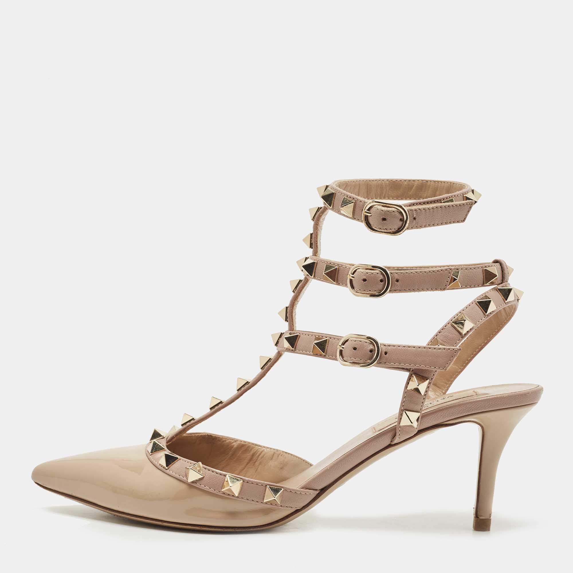 Pre Owned Valentino Two Tone Patent and Leather Rockstud Ankle Strap Pumps Size 37.5