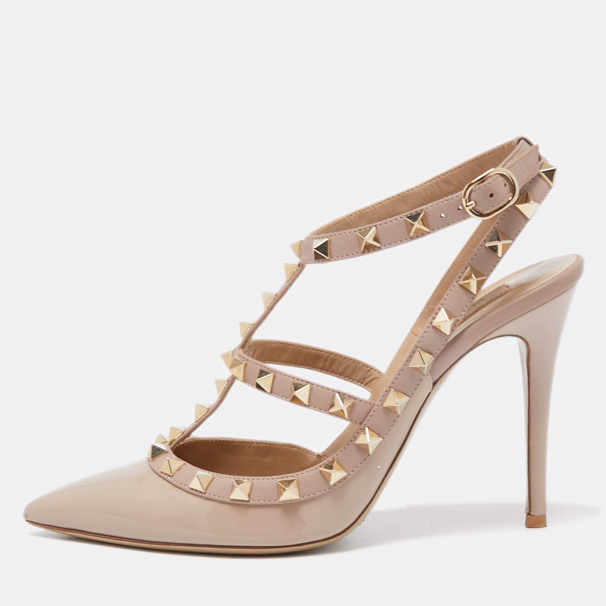 Pre Owned Valentino Beige Patent Leather Rockstud Slingback Pumps Size 37.5