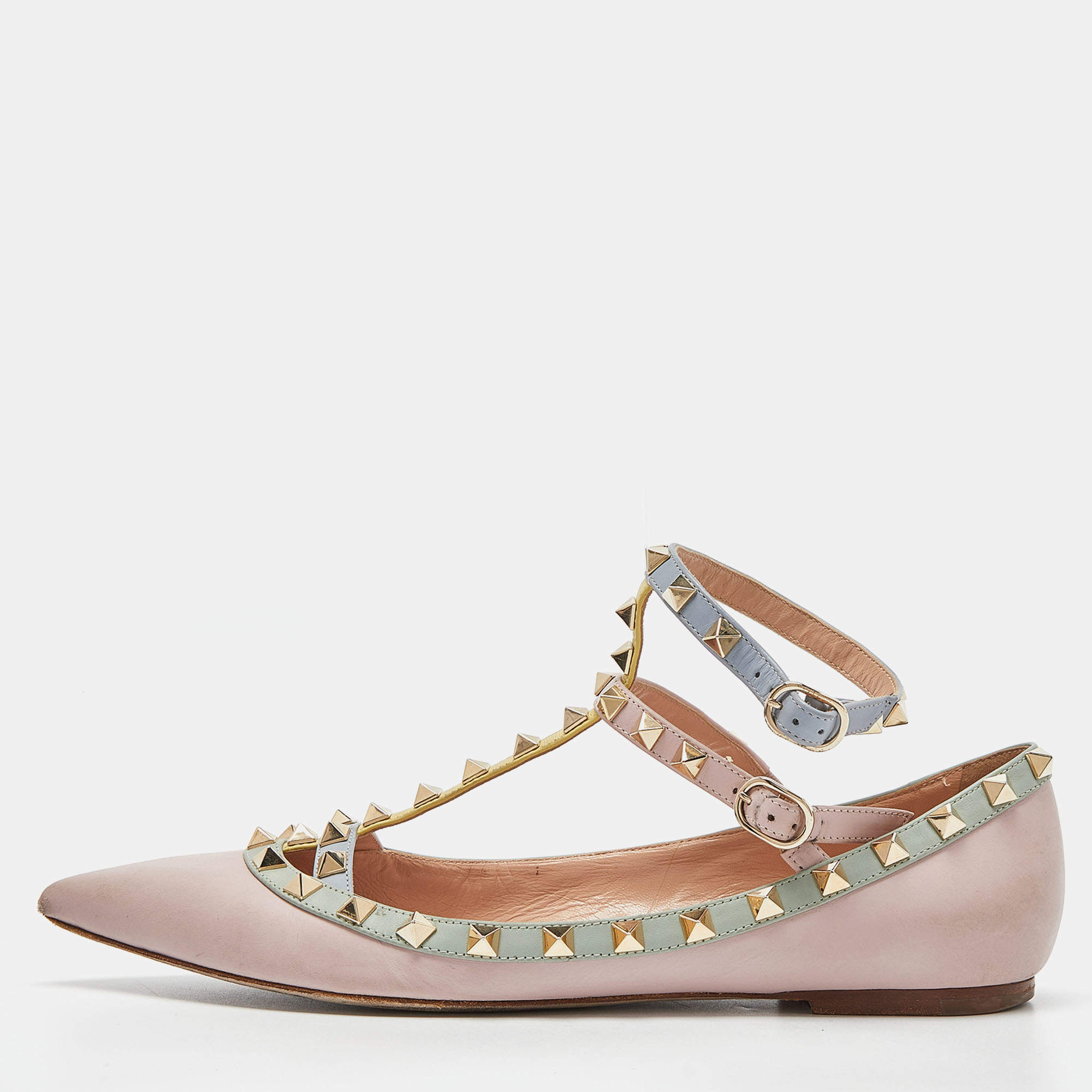 Pre Owned Valentino Multicolor Leather Rockstud Ankle-Strap Ballet Flats Size 39