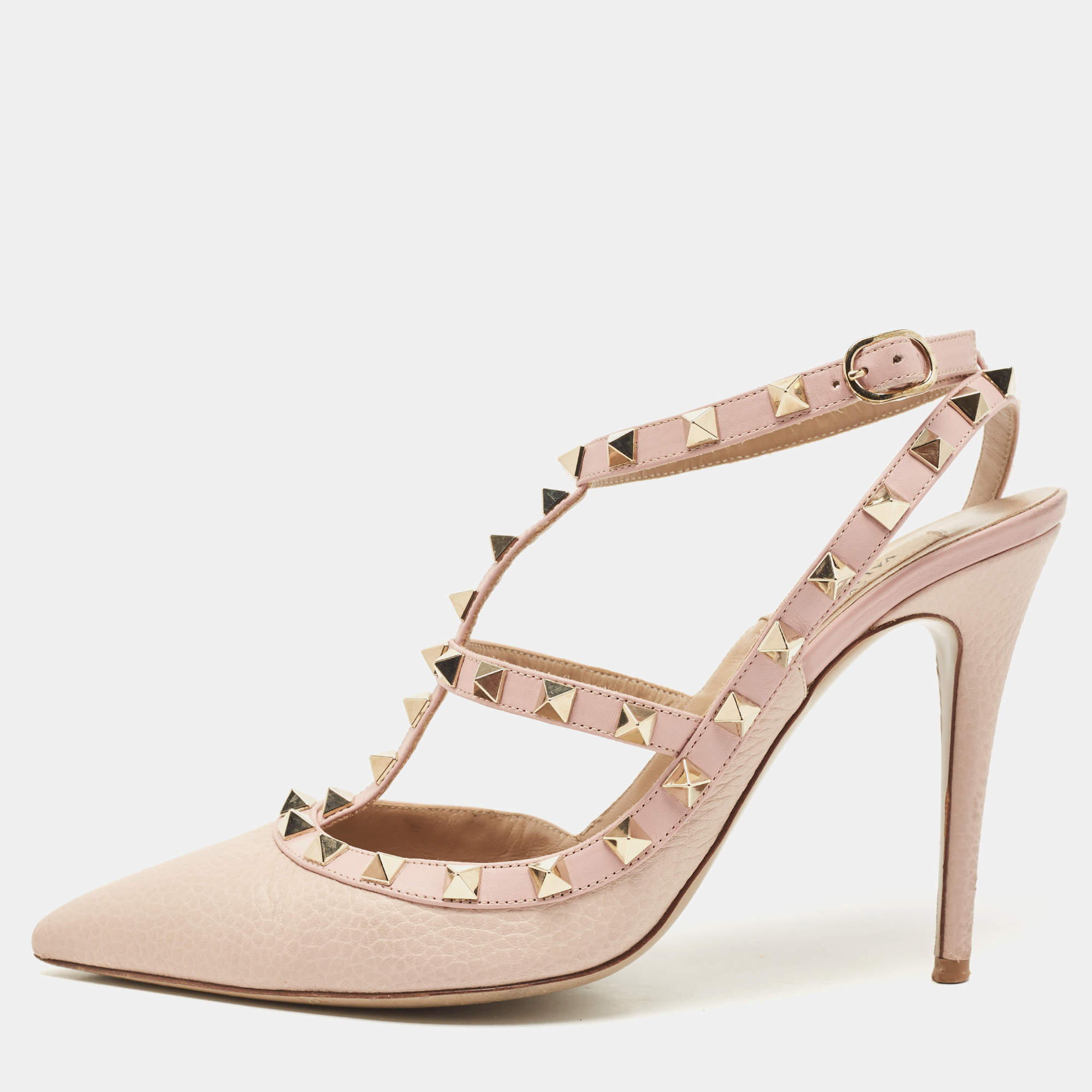 Pre Owned Valentino Pink Leather Rockstud  Slingback Pumps Size 39