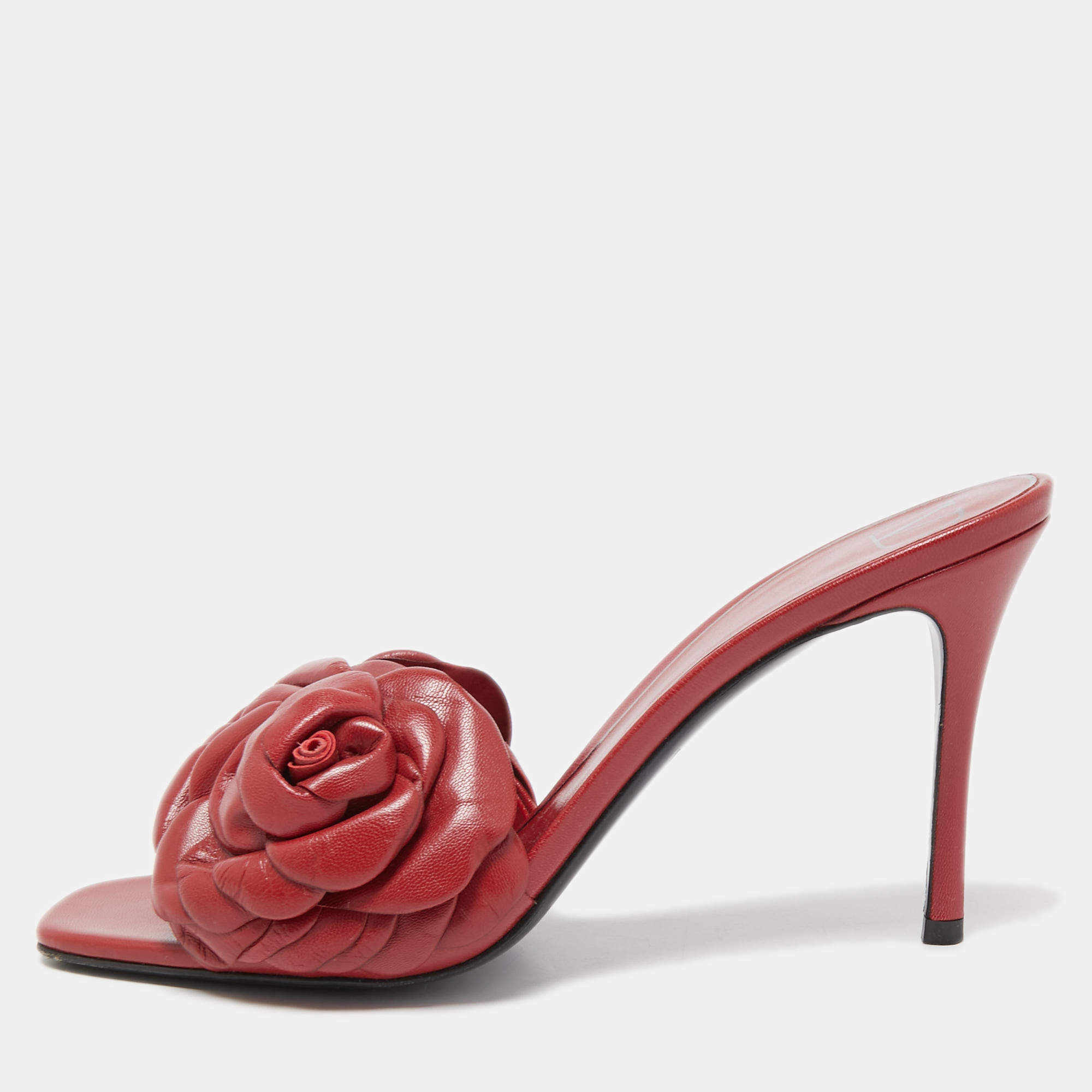Valentino Dark Red Leather Rose Atelier Slide Sandals Size 39.5