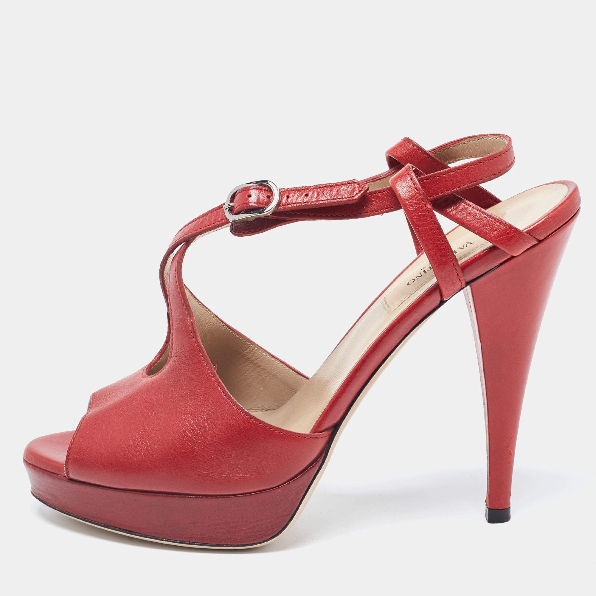Pre Owned Valentino Red Leather Slingback Peep Toe Sandals Size 37.5