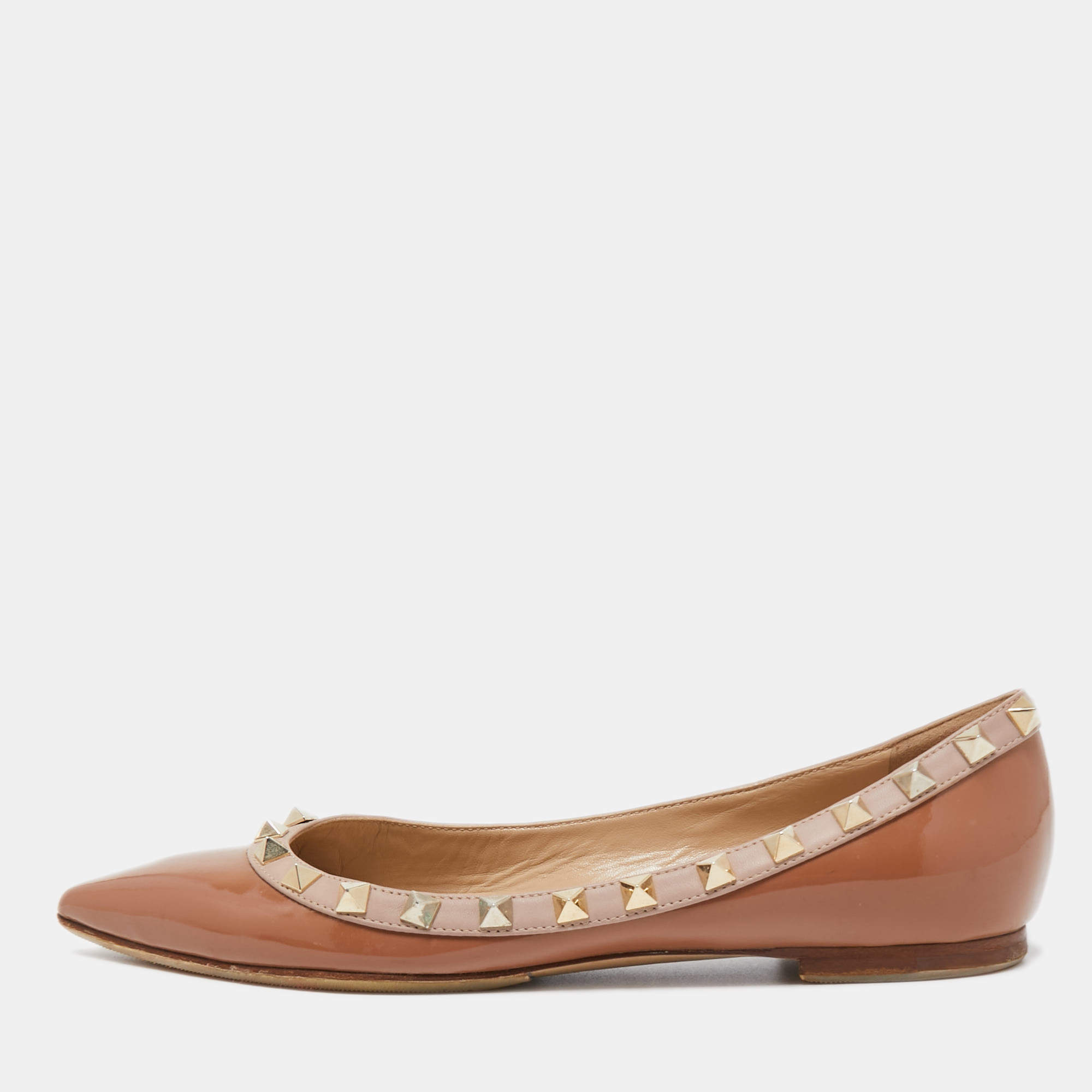 Pre Owned Valentino Brown Patent Leather Rockstud Ballet Flats Size 36