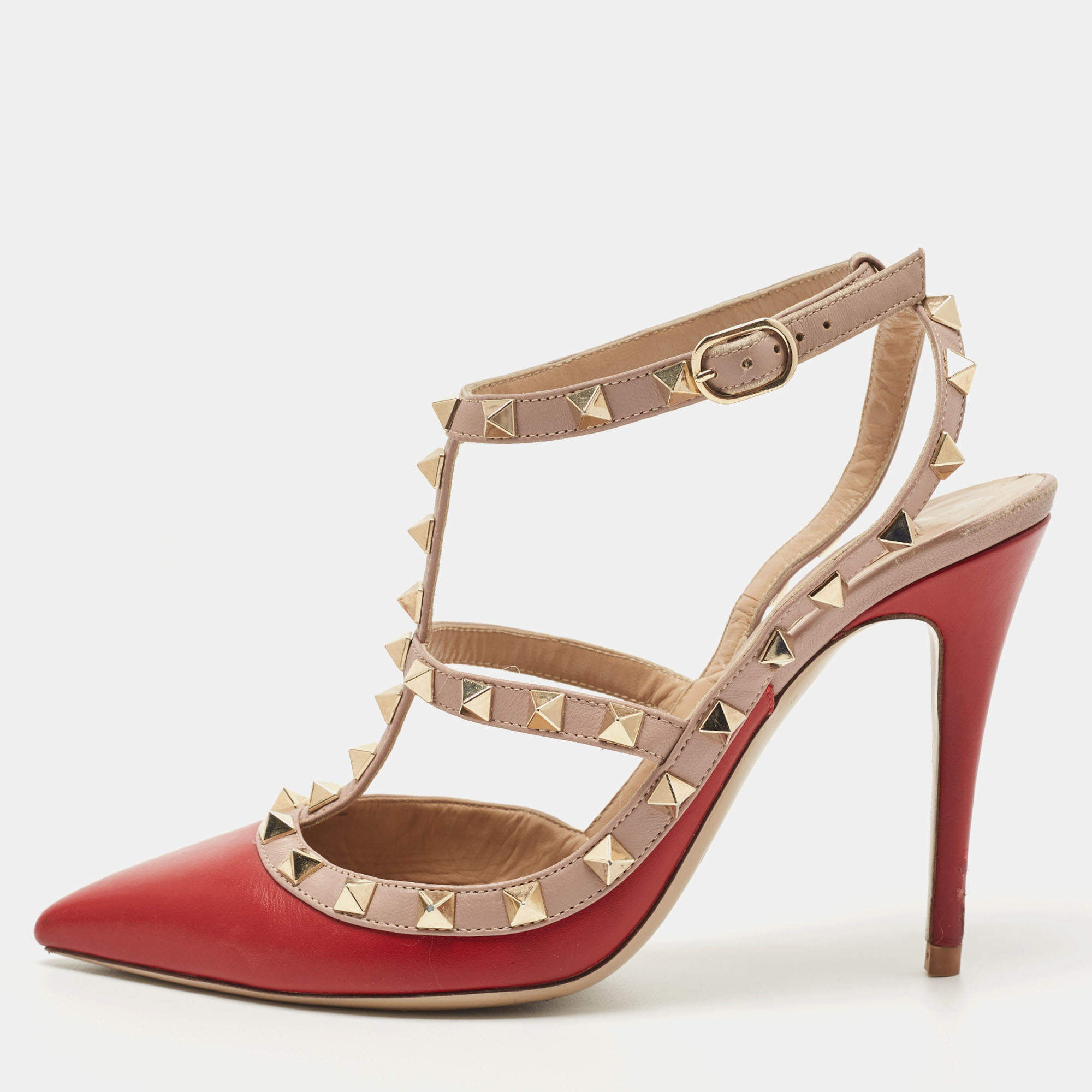 Pre Owned Valentino Red/Beige Leather Rockstud Caged Pumps Size 37.5