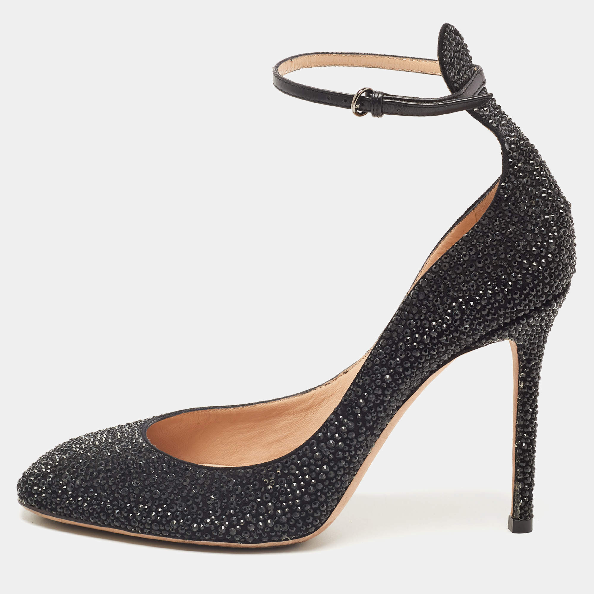 Pre Owned Valentino Black Leather Crystal Embellished Tango Pumps Size 39