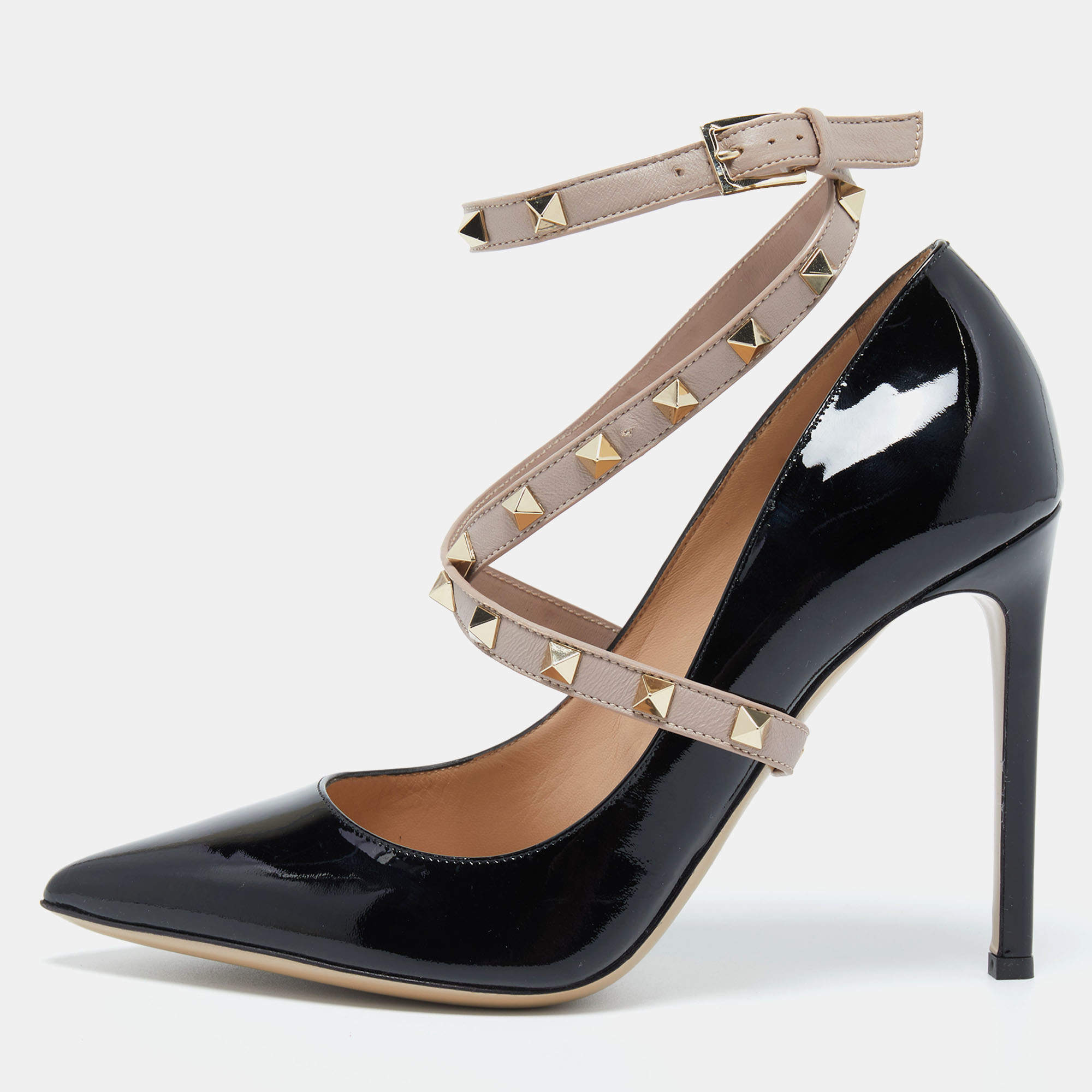 Pre Owned Valentino Black Patent and Leather Rockstud Pumps Size 39