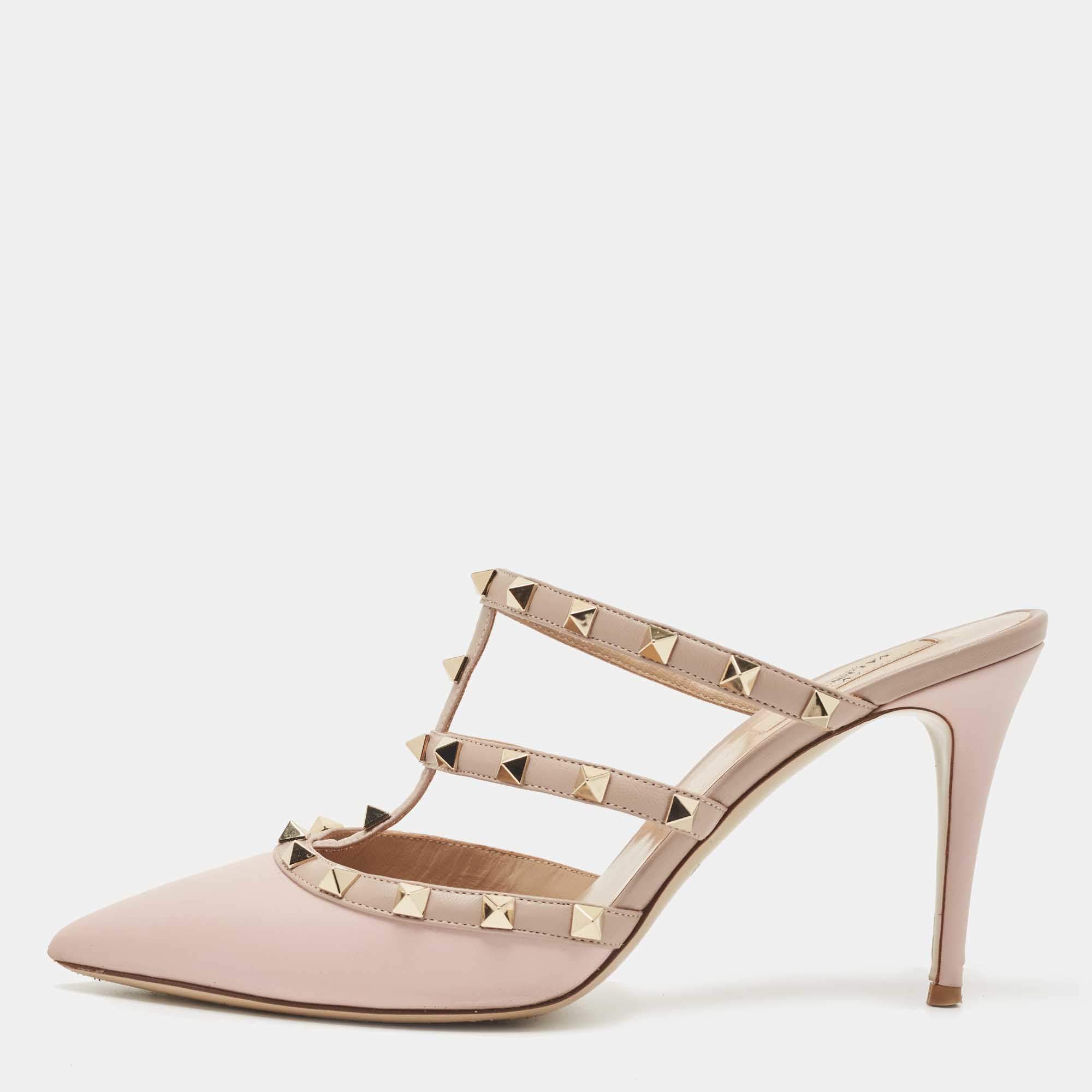 Pre Owned Valentino Pink Leather Rockstud Pointed Toe Slide Sandals Size 40.5