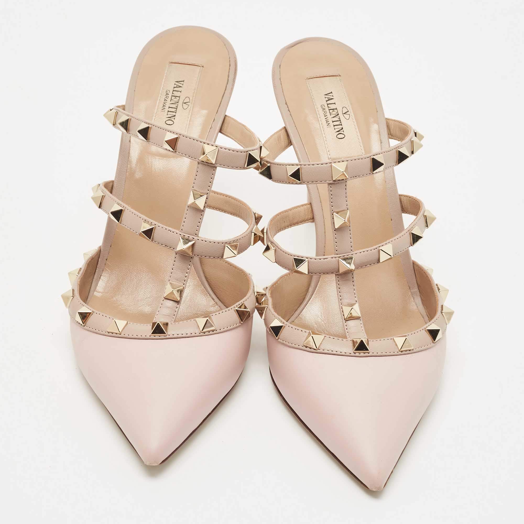 Pre Owned Valentino Pink Leather Rockstud Pointed Toe Slide Sandals Size 40.5