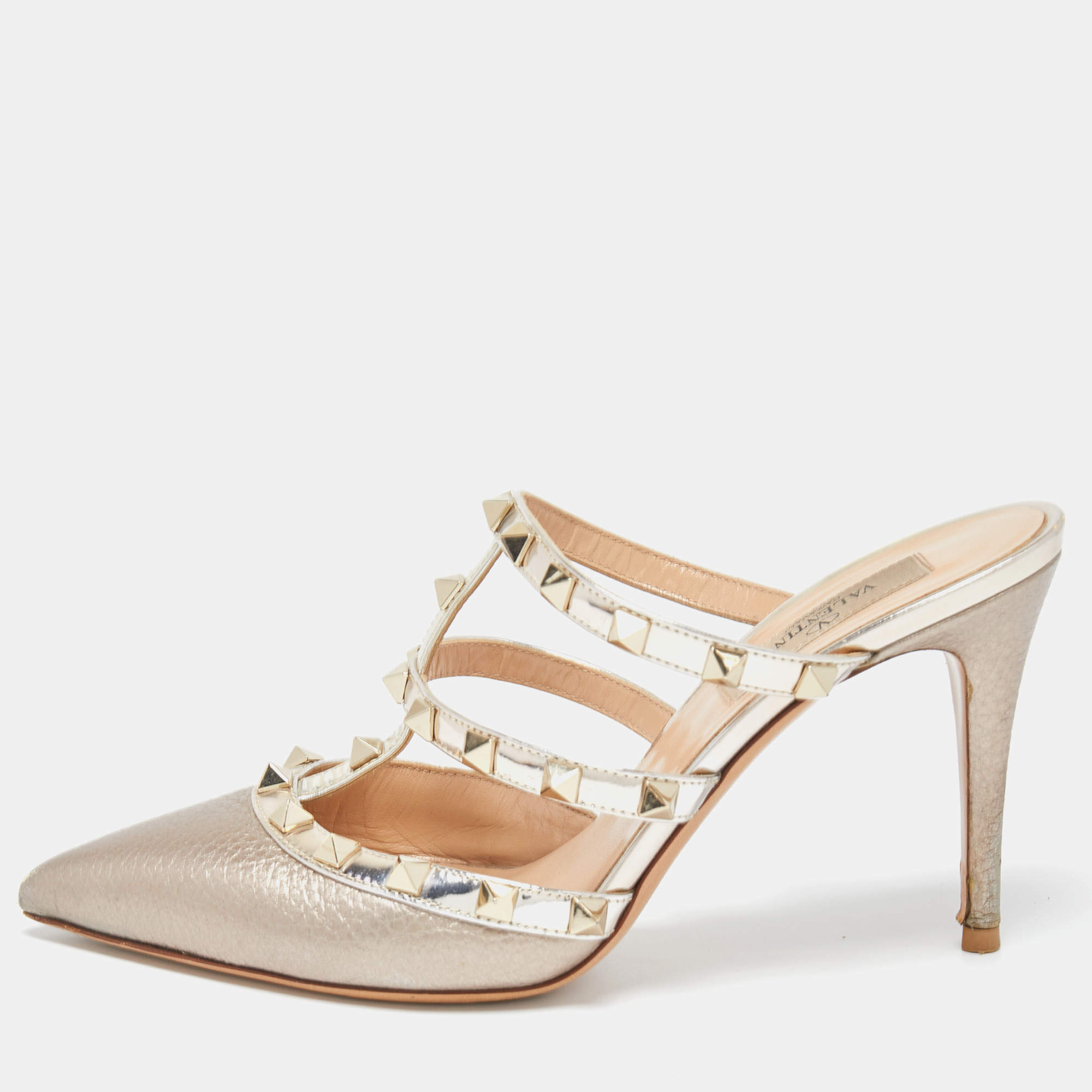 Pre Owned Valentino Metallic Leather Rockstud Slides Size 37 