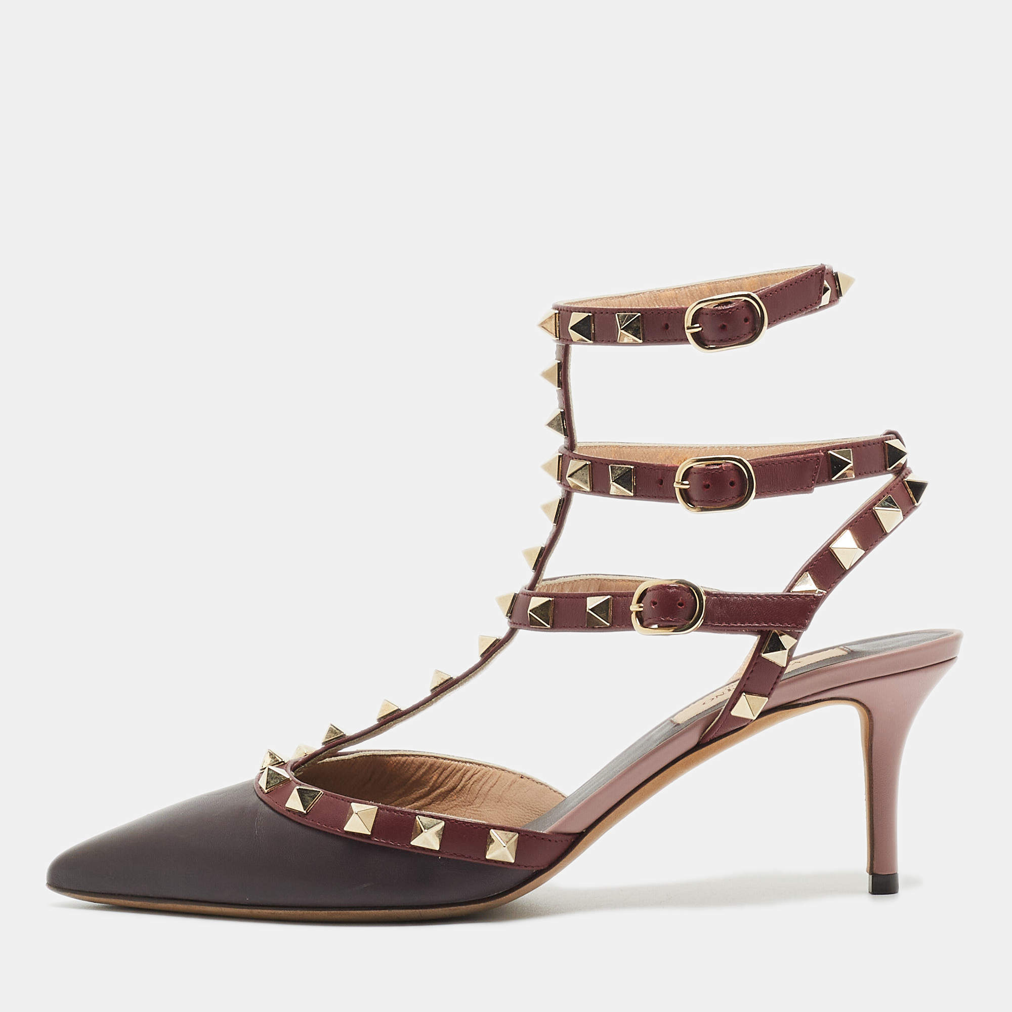 Pre Owned Valentino Burgundy/Pink Leather Rockstud  Ankle Strap Pumps Size 38