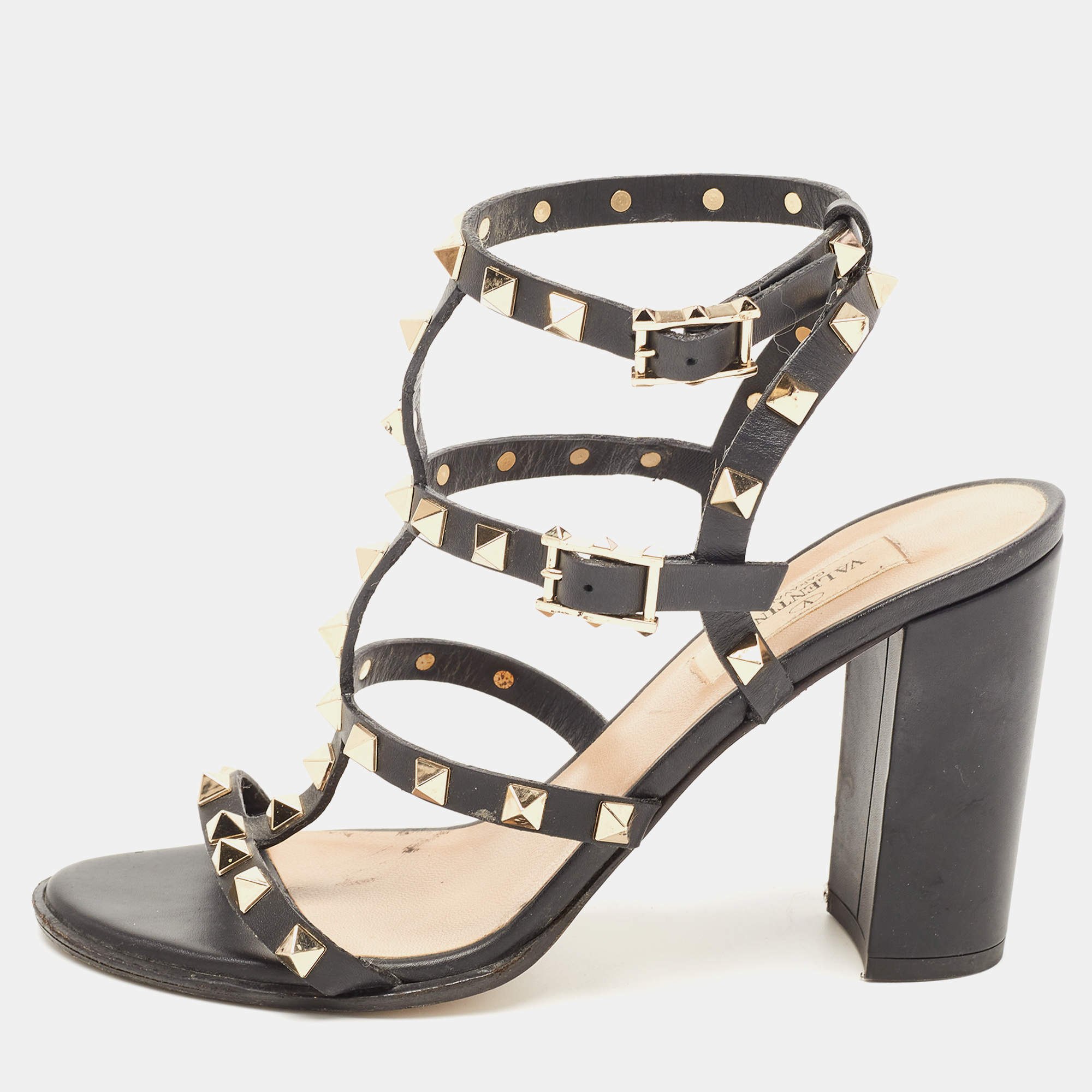 Pre Owned Valentino Black Leather Rockstud Ankle Strap Sandals Size 37