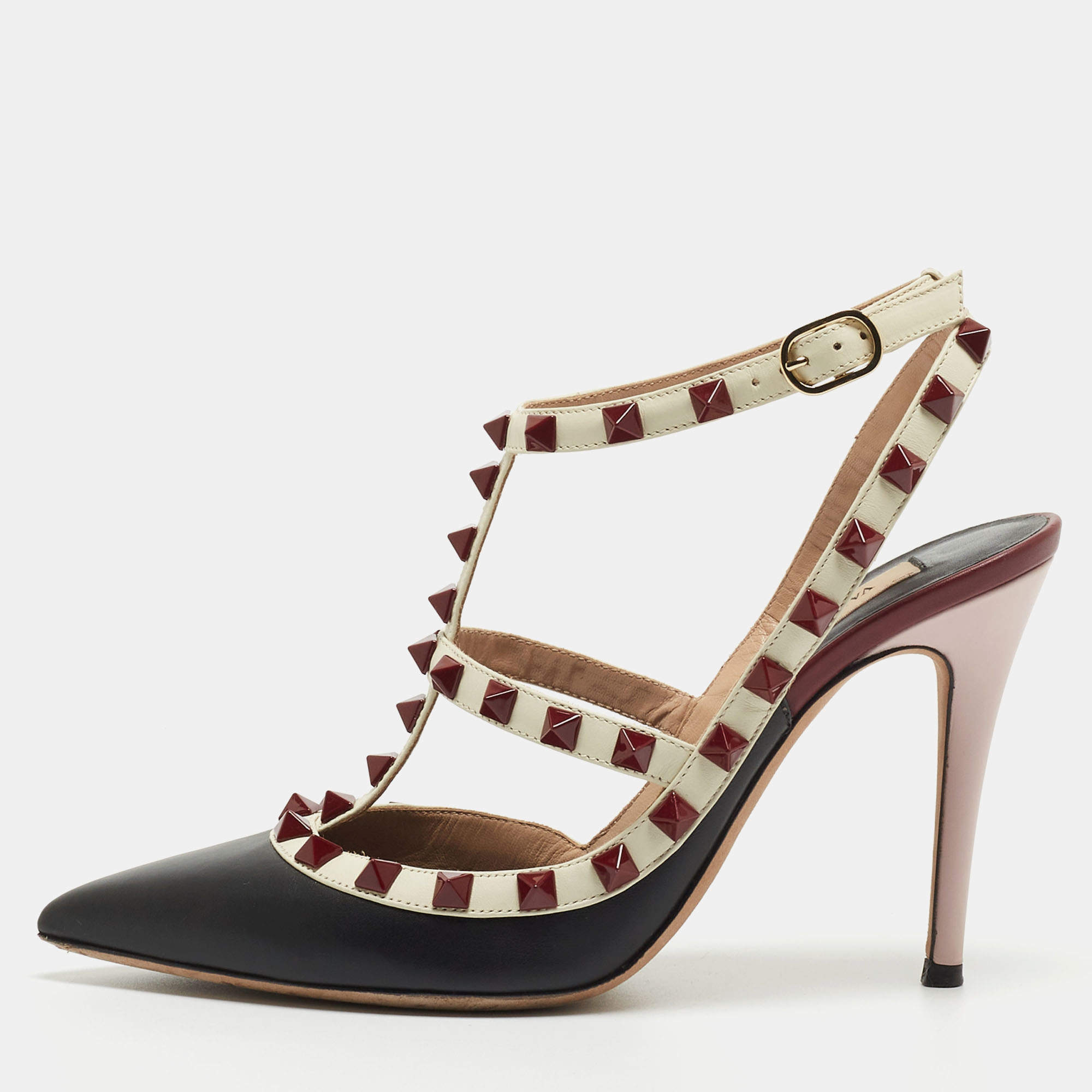 Pre Owned Valentino Multicolor Leather Rockstud  Ankle Strap Pumps Size 35.5