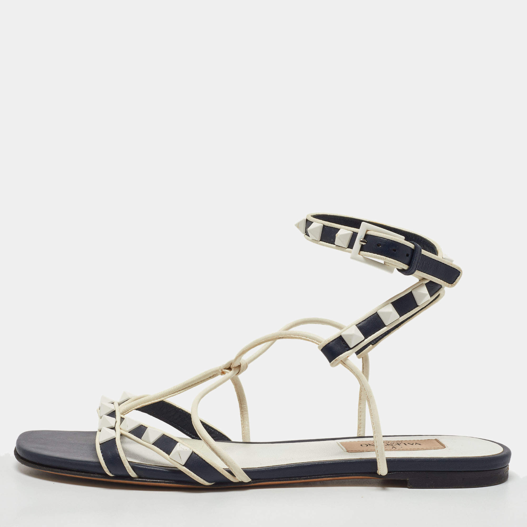 Pre Owned Valentino Navy Blue/White Leather Rockstud Ankle Strap Flat Sandals Size 36