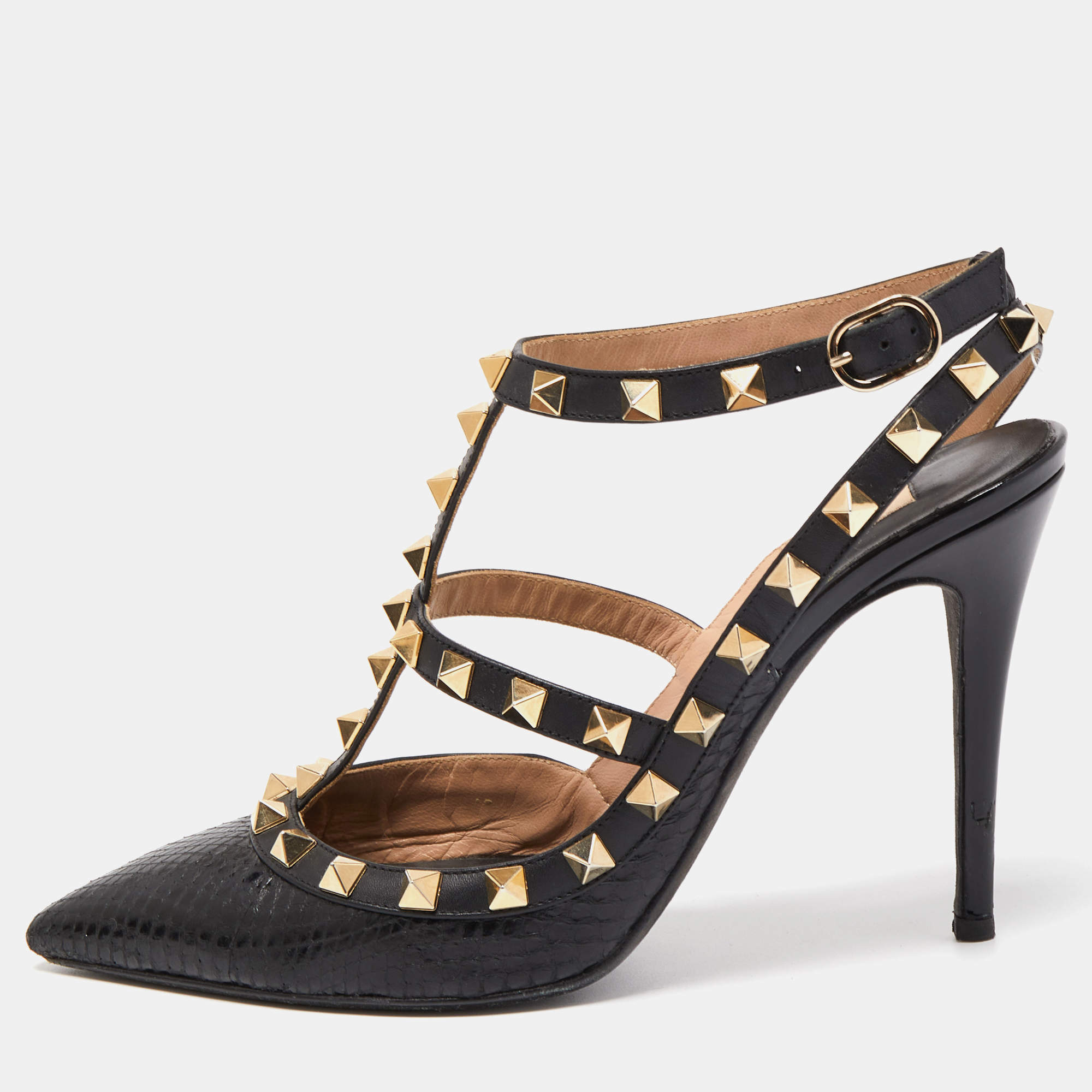 Pre Owned Valentino Black Snakeskin Rockstud Ankle Strap Pumps Size 37