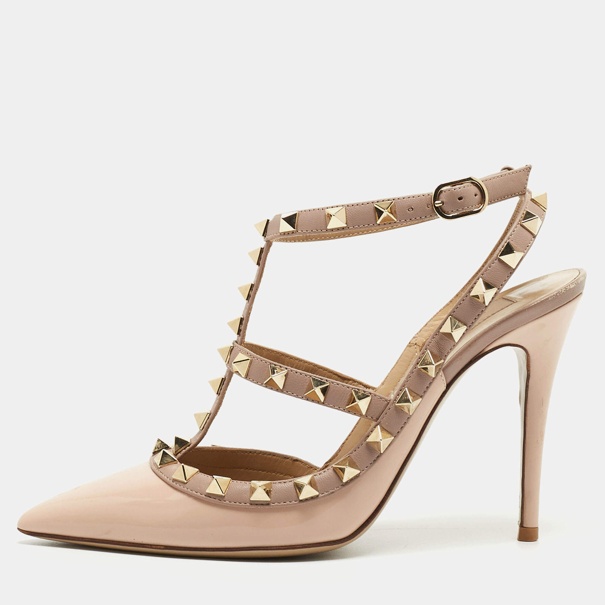 Pre Owned Valentino Pink/Beige Patent and Leather Rockstud Ankle Strap Pumps Size 36