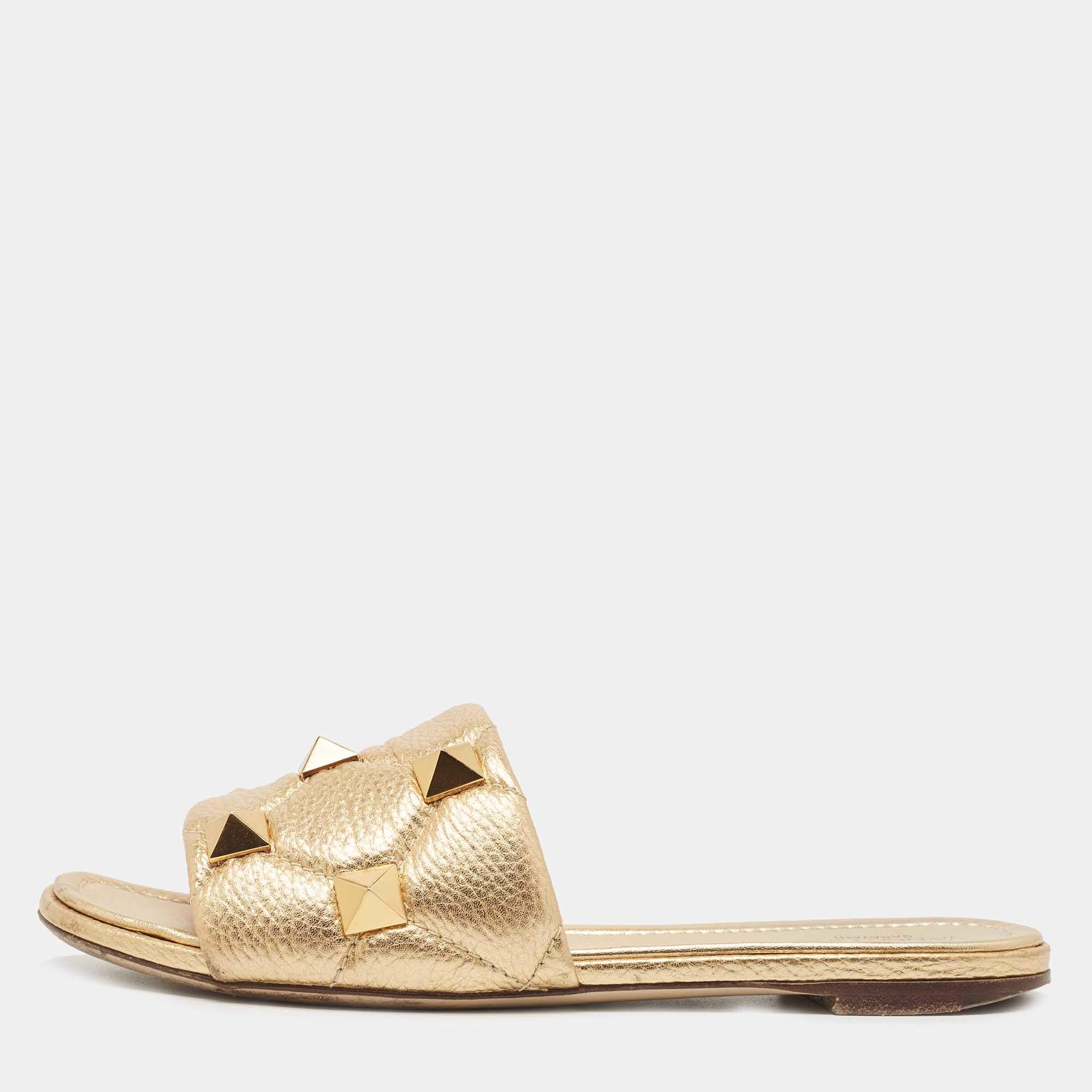 Pre Owned Valentino Gold Quilted Leather Roman Stud Flat Slides Size 38.5