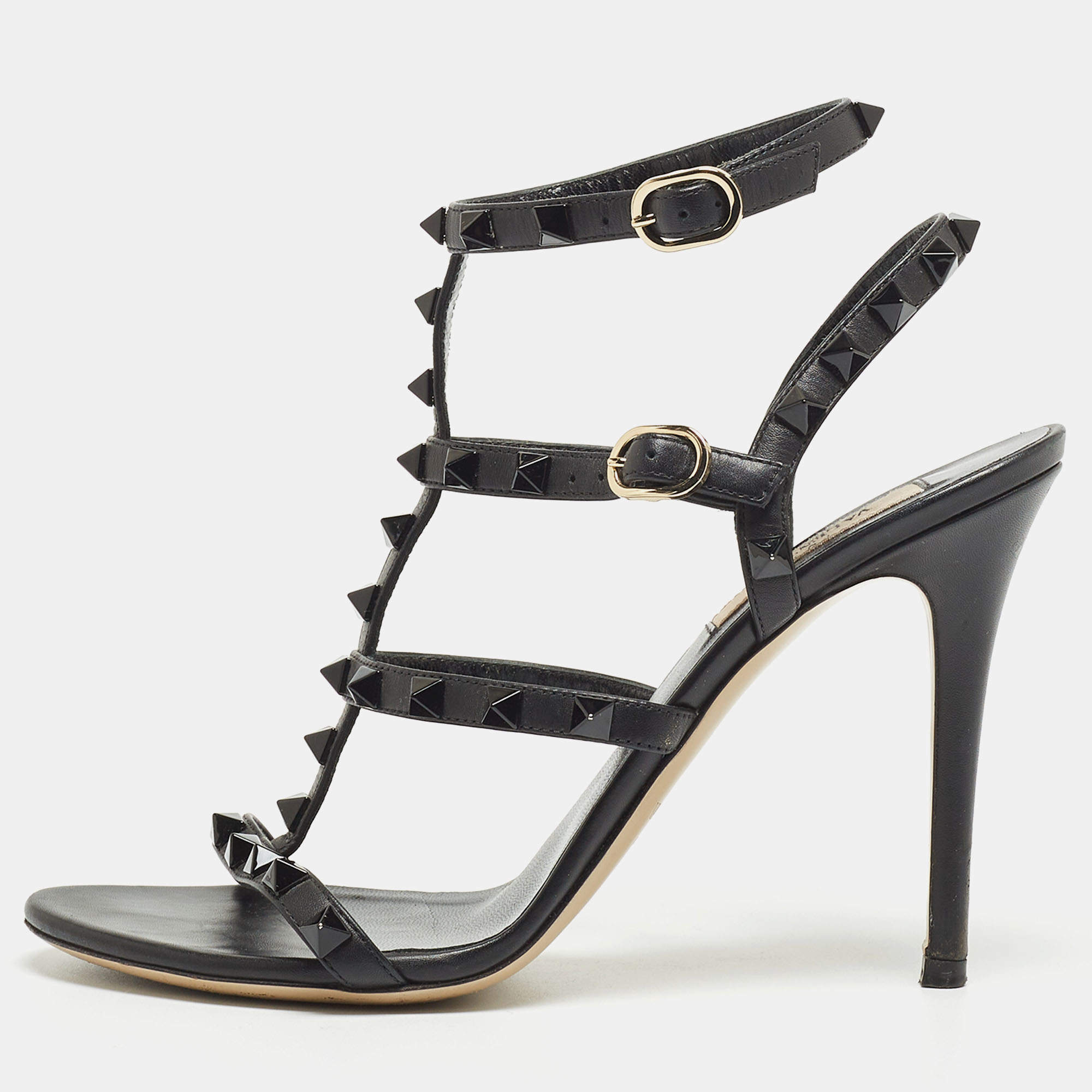 Pre Owned Valentino Black Leather Rockstud Cage Sandals Size 37
