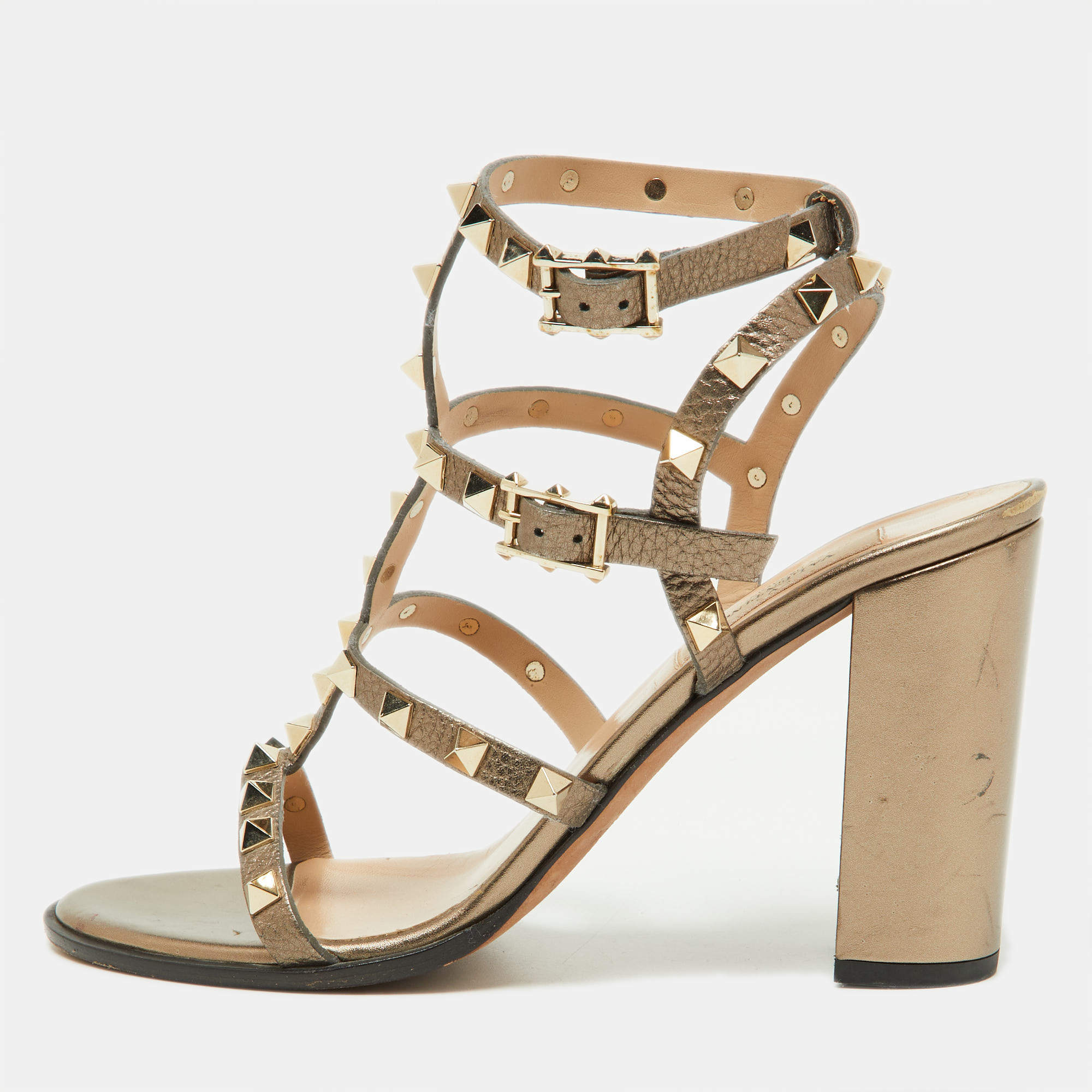 Pre Owned Valentino Metallic Grey Leather Rockstud Ankle Strap Sandals Size 38.5