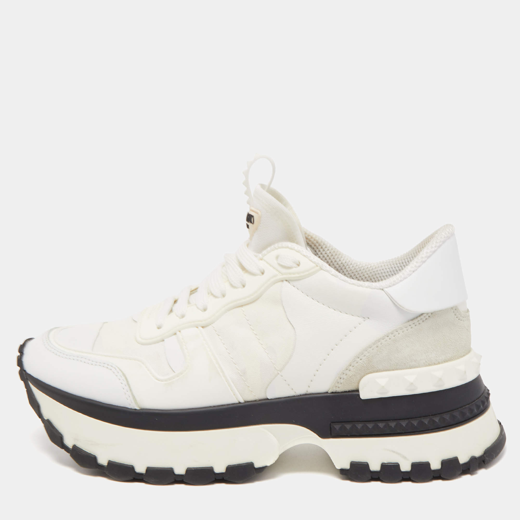 Pre Owned Valentino White Camo Print Leather and Canvas Rockrunner Platform Sneakers Size 38