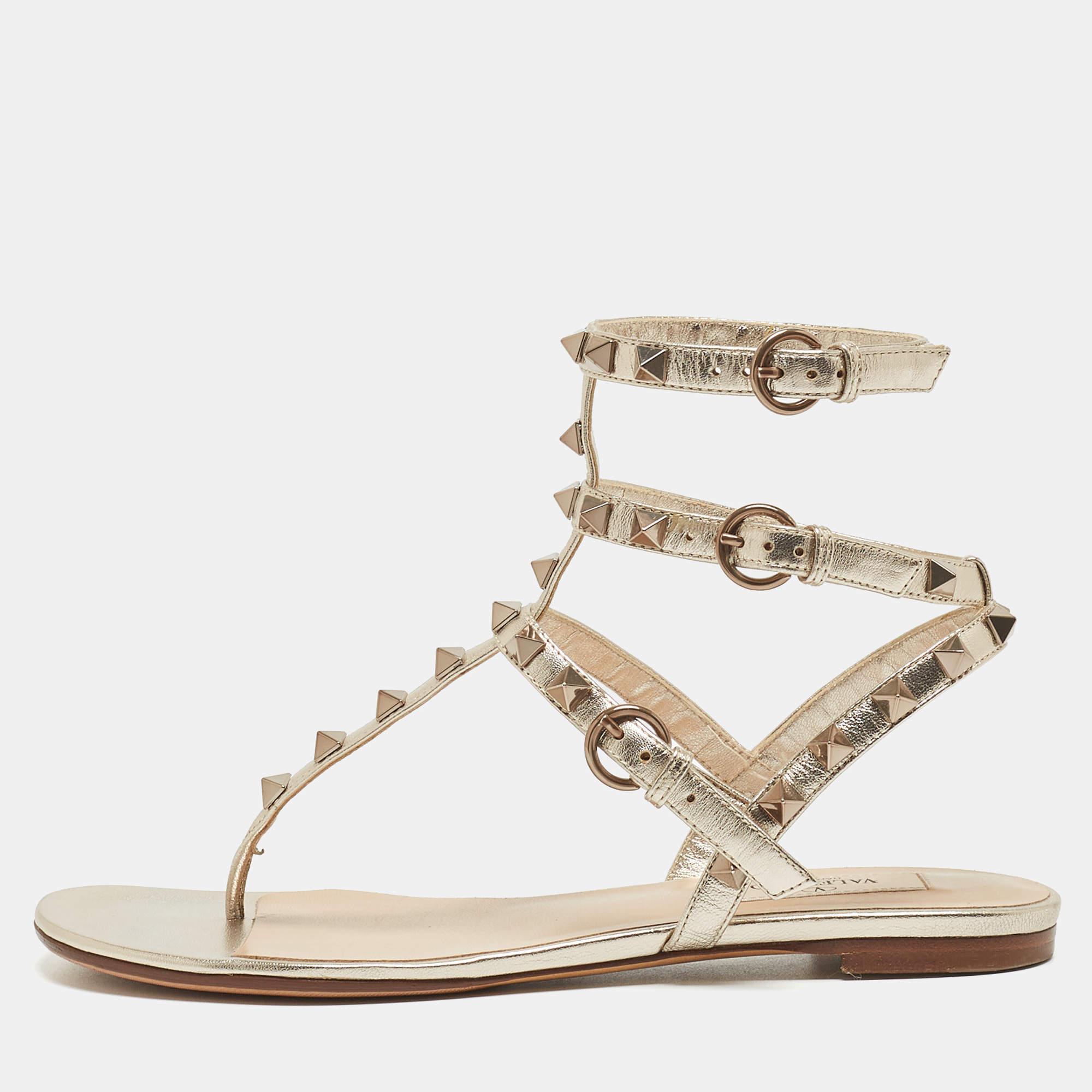 Pre Owned Valentino Metallic Gold Foil Leather Rockstud Strappy Flat Sandals Size 36