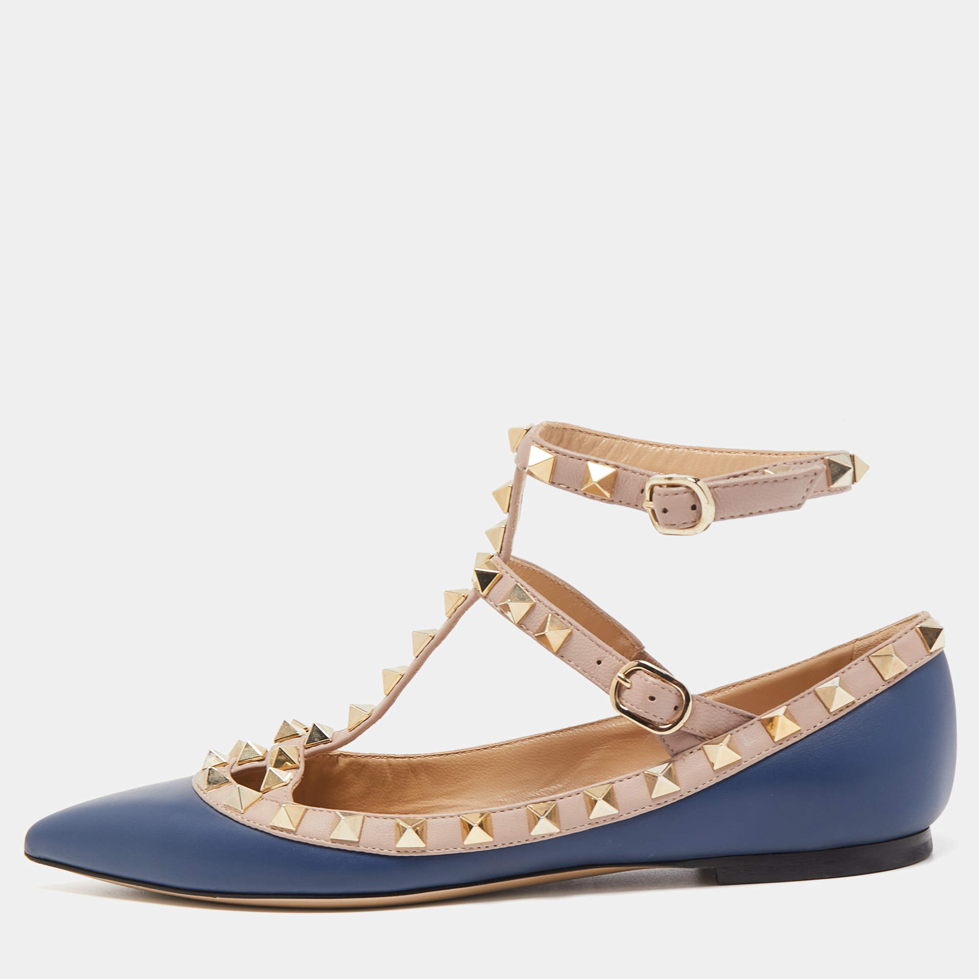 Pre Owned Valentino Blue/Dusty Pink Leather Rockstud Ankle Strap Ballet Flats Size 35