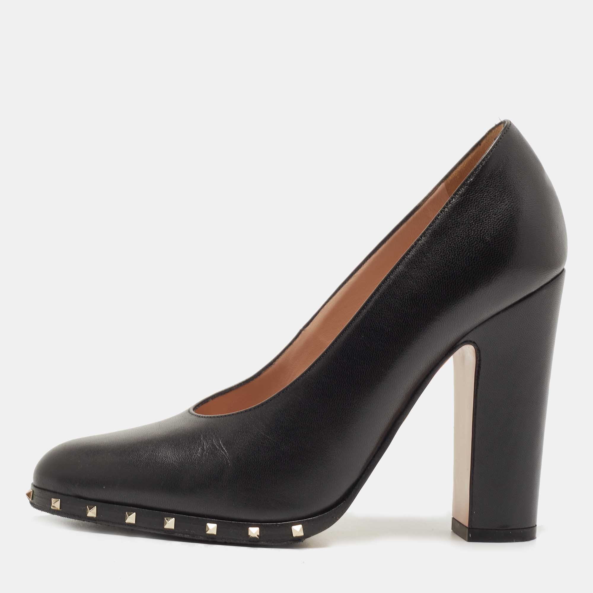 Pre Owned Valentino Black Leather Rockstud Block Heel Pumps Size 36