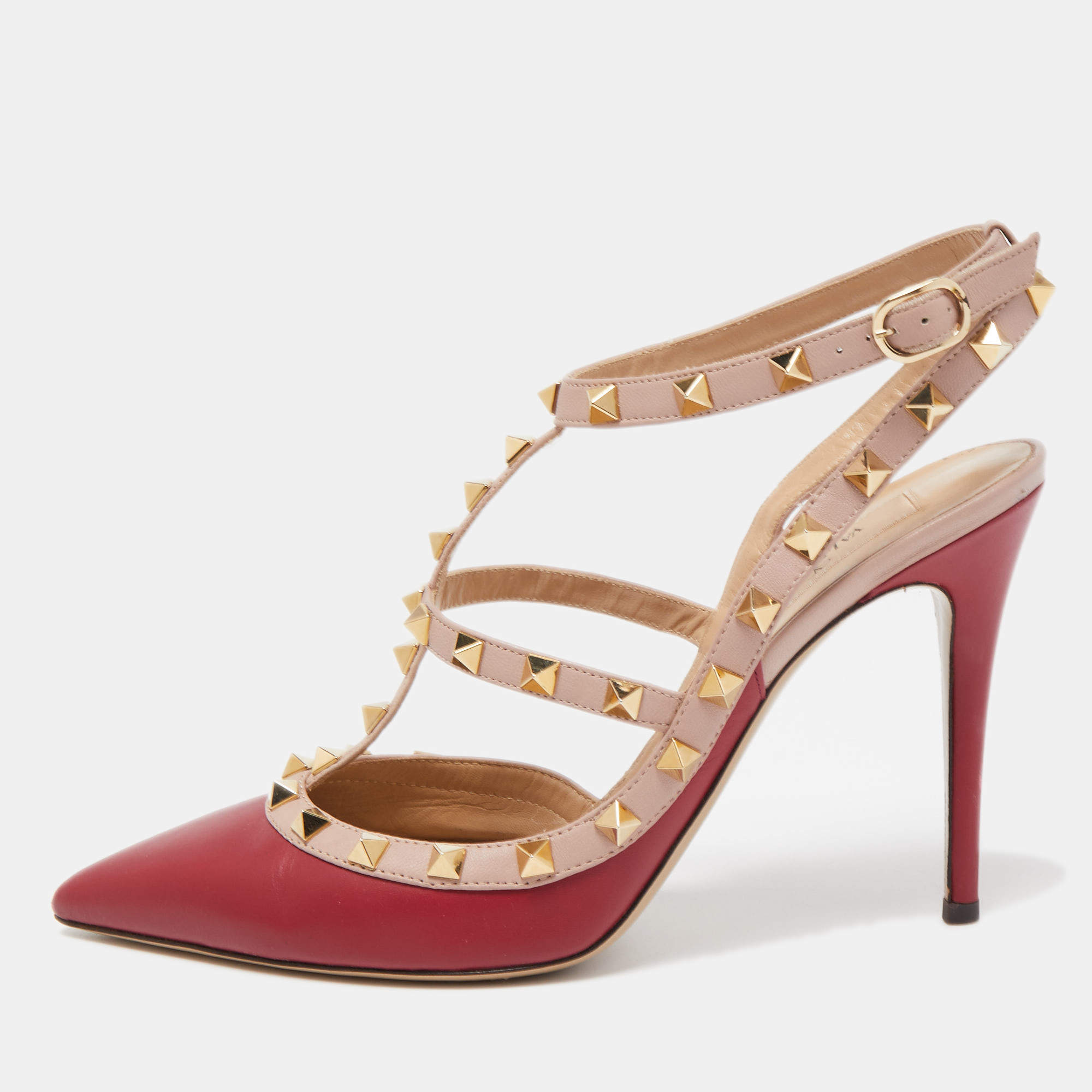 Pre Owned Valentino Red/Beige Leather Rockstud Strappy Pointed Toe Pumps Size 40