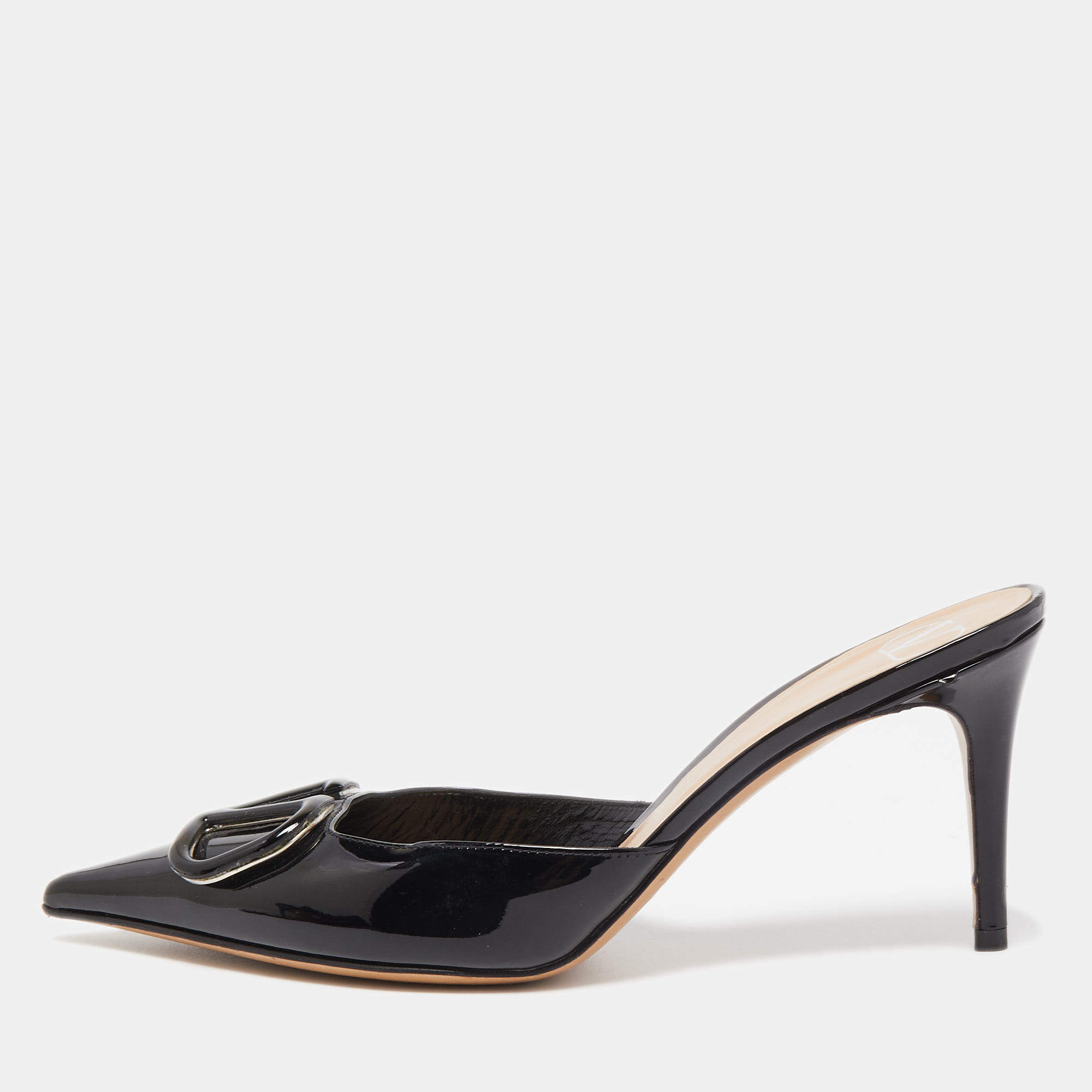 Pre Owned Valentino Black Patent Leather V LOGO Mules Size 39