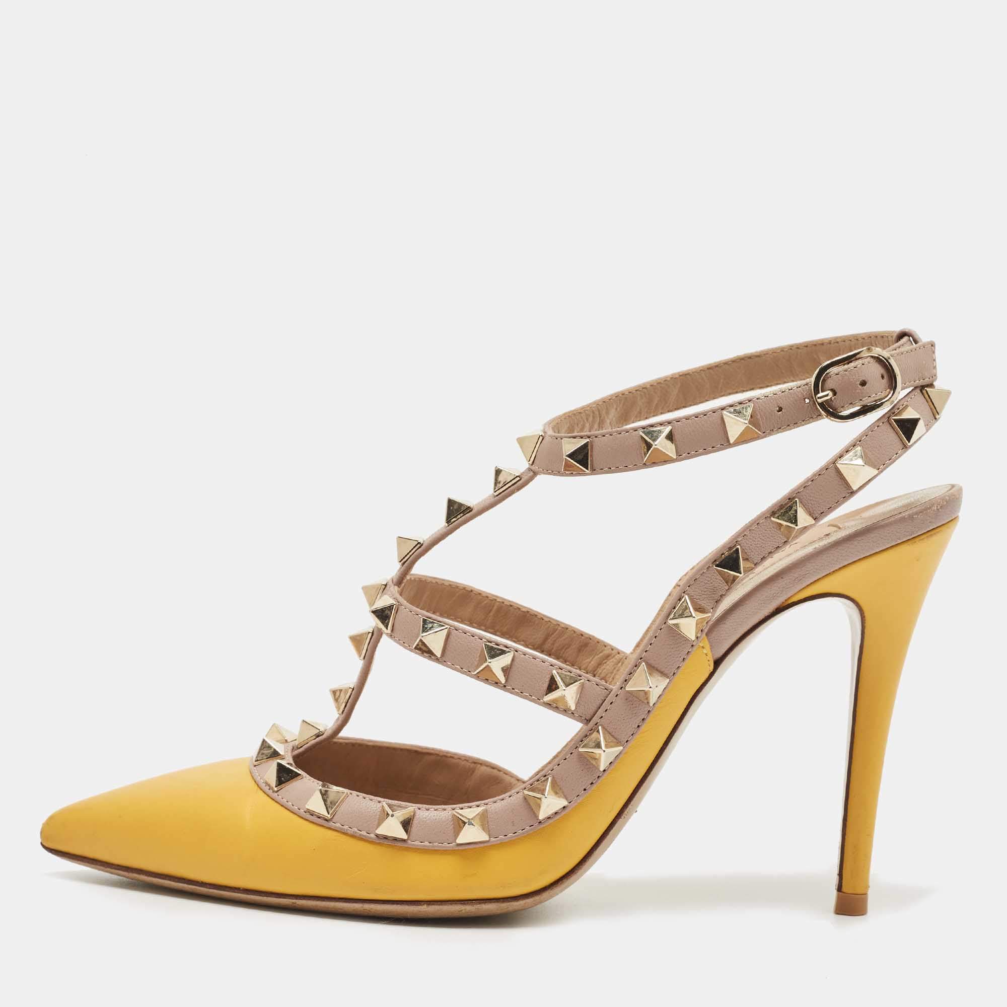 Yellow/Beige Leather Rockstud Pointed Toe Pumps Size 36.5 Valentino | TLC