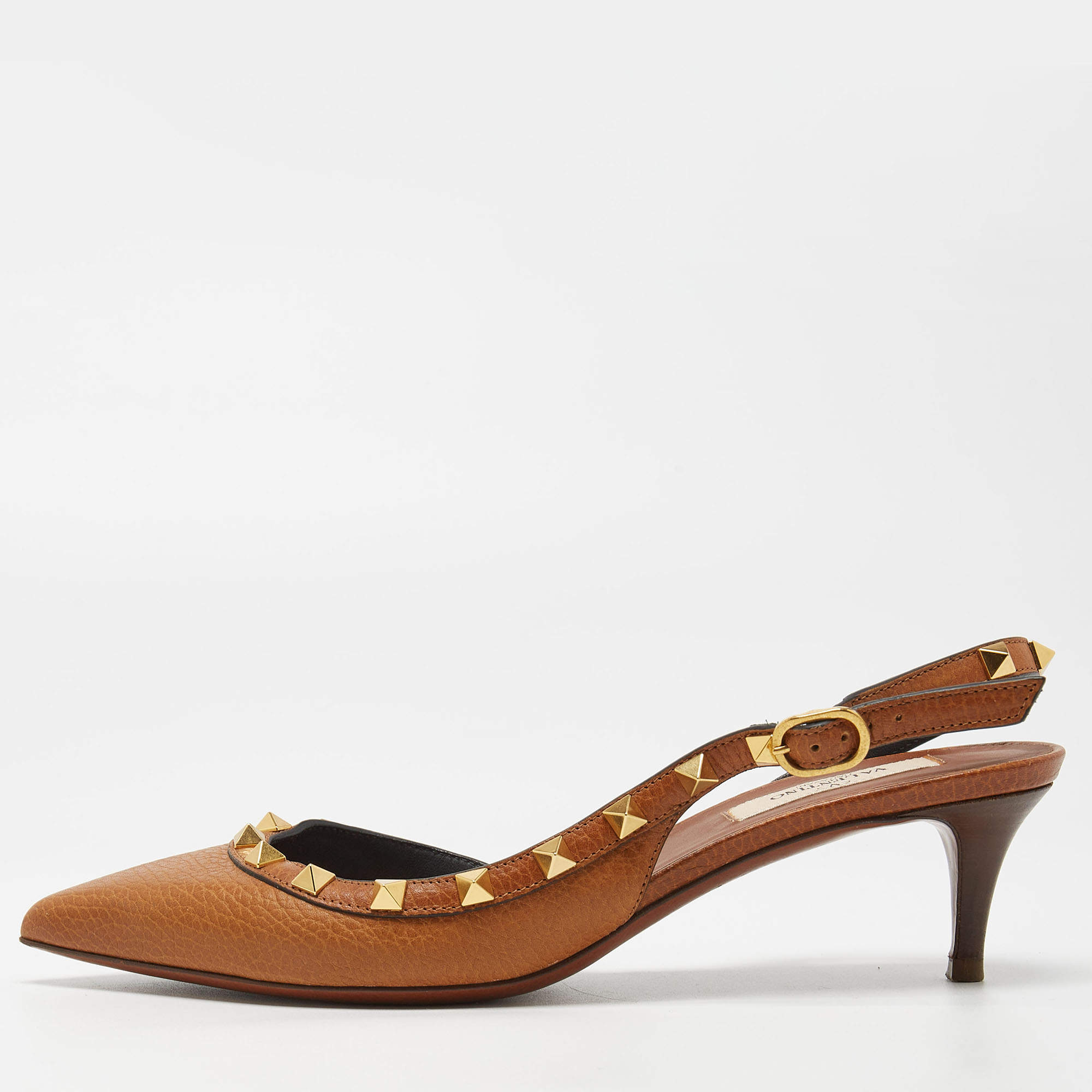 Pre Owned Valentino Brown Leather Rockstud Slingback Pumps Size 37.5
