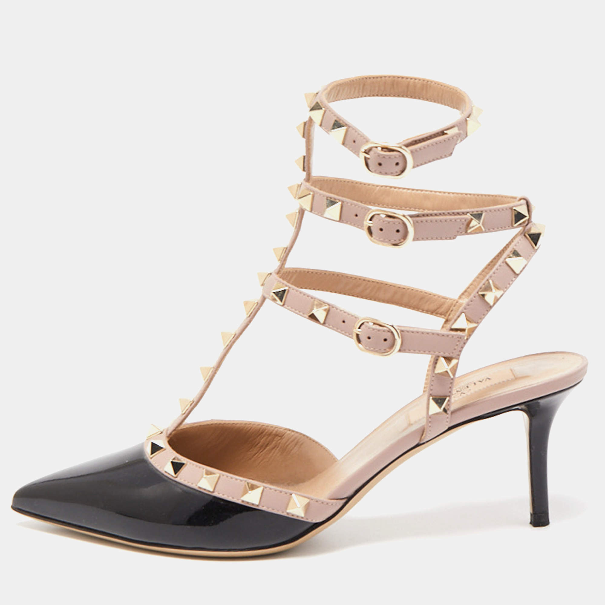 Pre Owned Valentino Black/Beige Patent and Leather Rockstud Caged Sandals Size 39