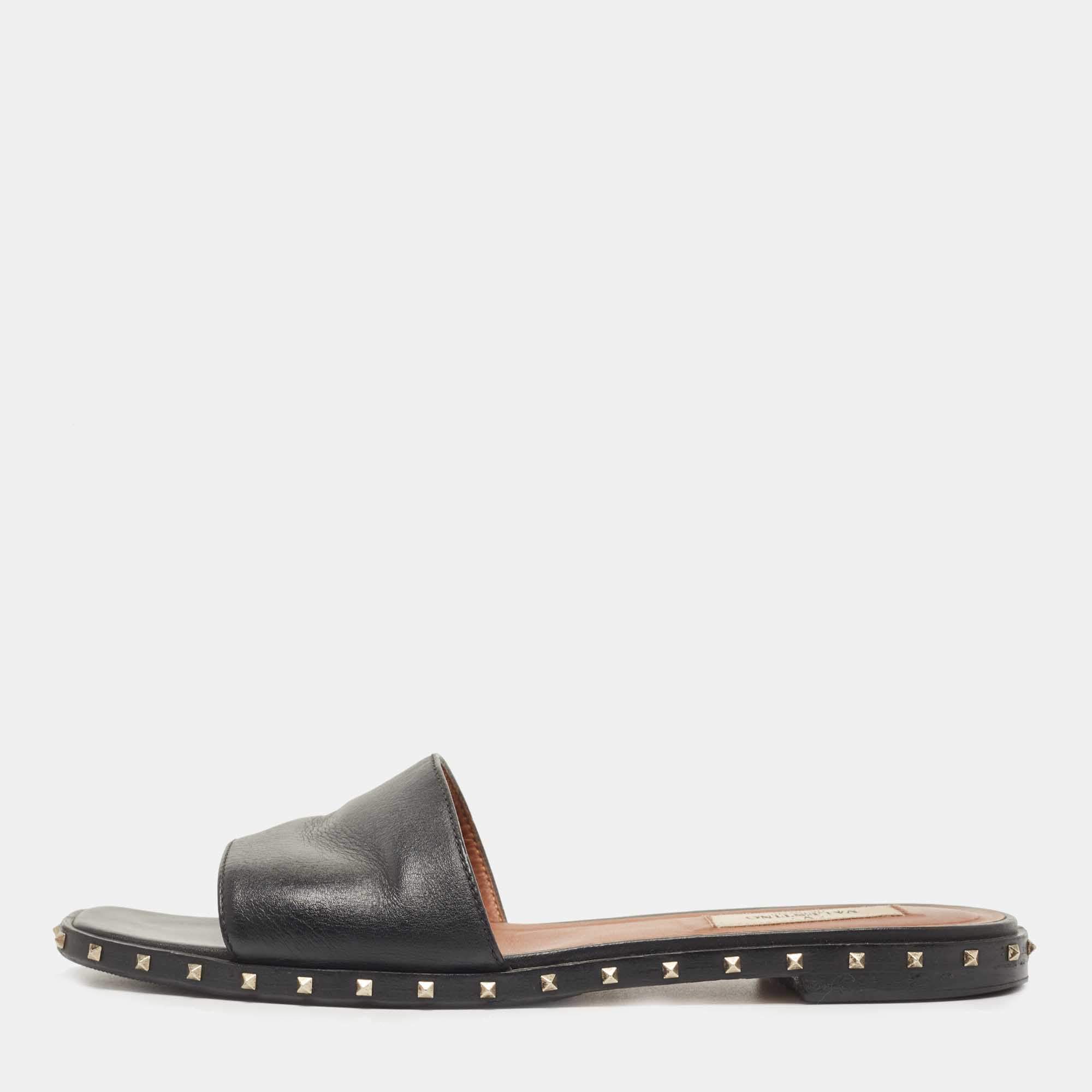 Pre Owned Valentino Black Leather Soul Rockstud Flat Slides Size 37.5