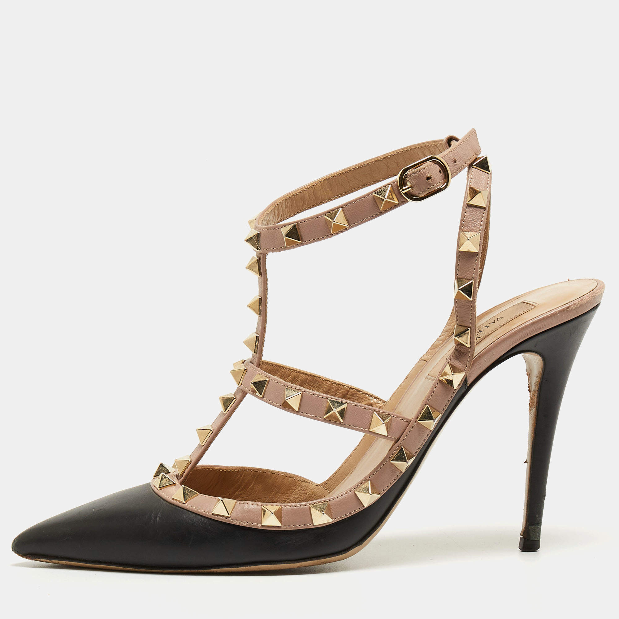 Pre Owned Valentino Black/Beige Leather Rockstud Pumps Size 39